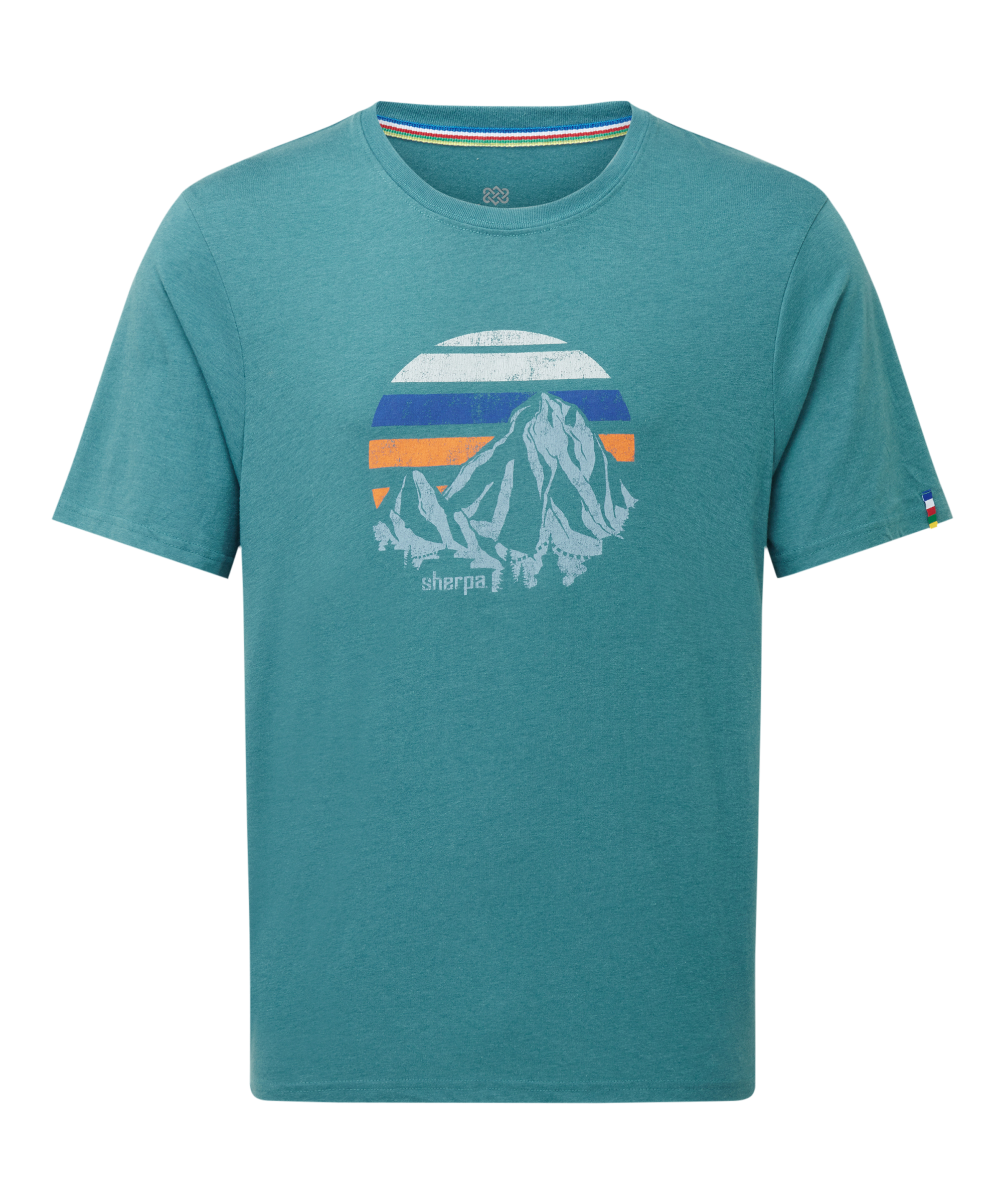 Men's teal t-shirt with mountain sunset graphic on a white background