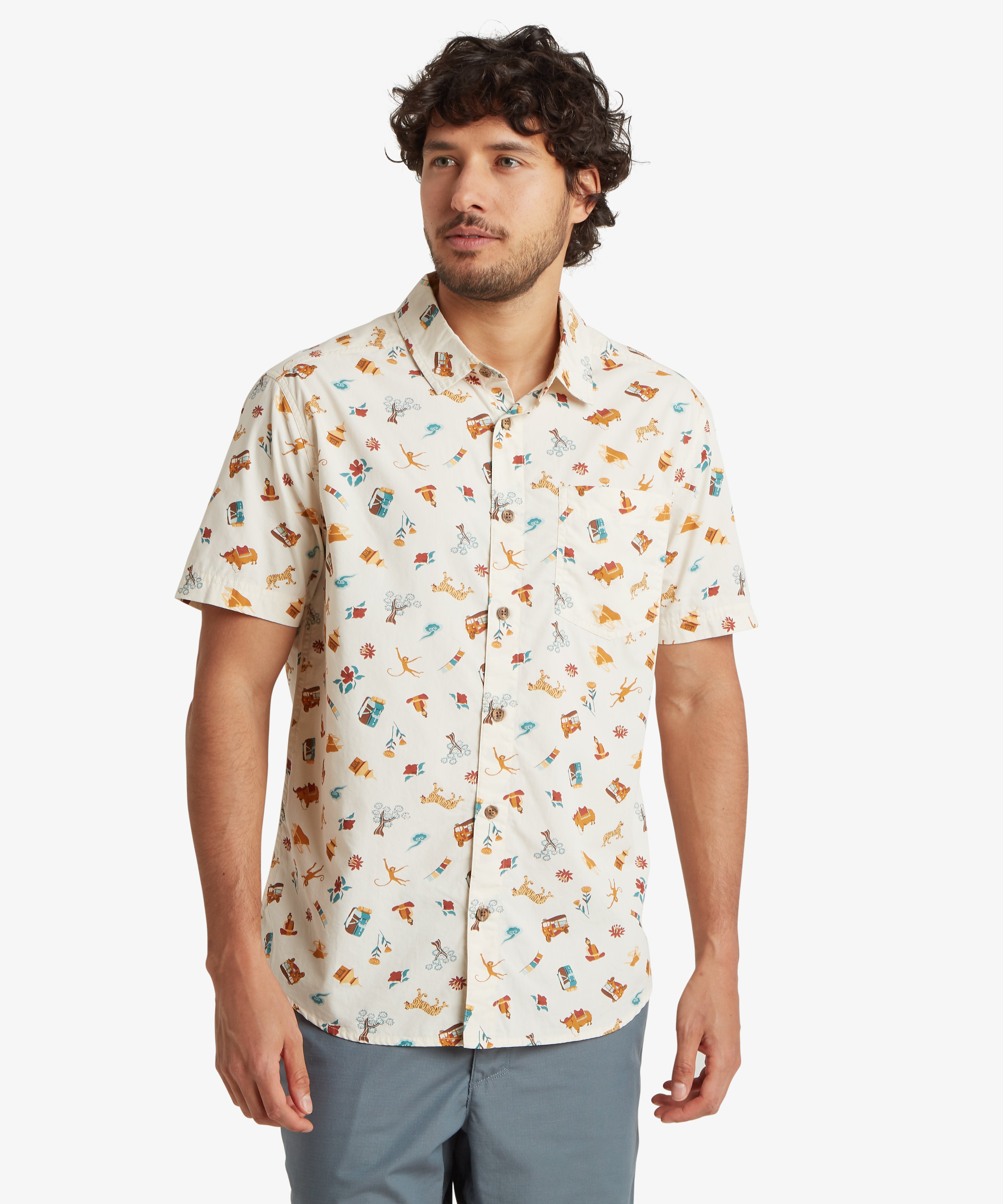 Balun Kurzarmhemd Ð Peetho Nepali in Creme mit Reisemotiv