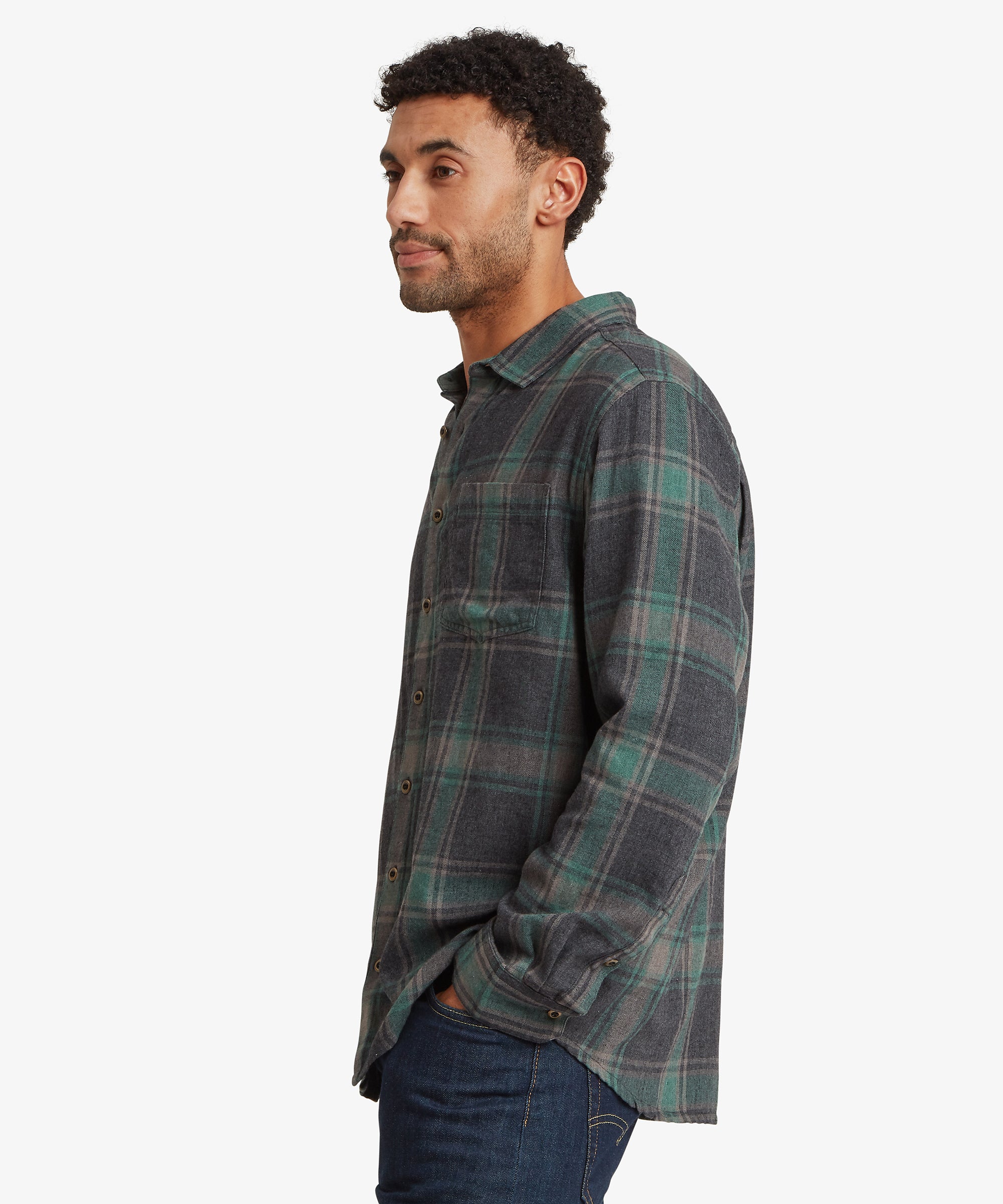 A man wearing a dark green.