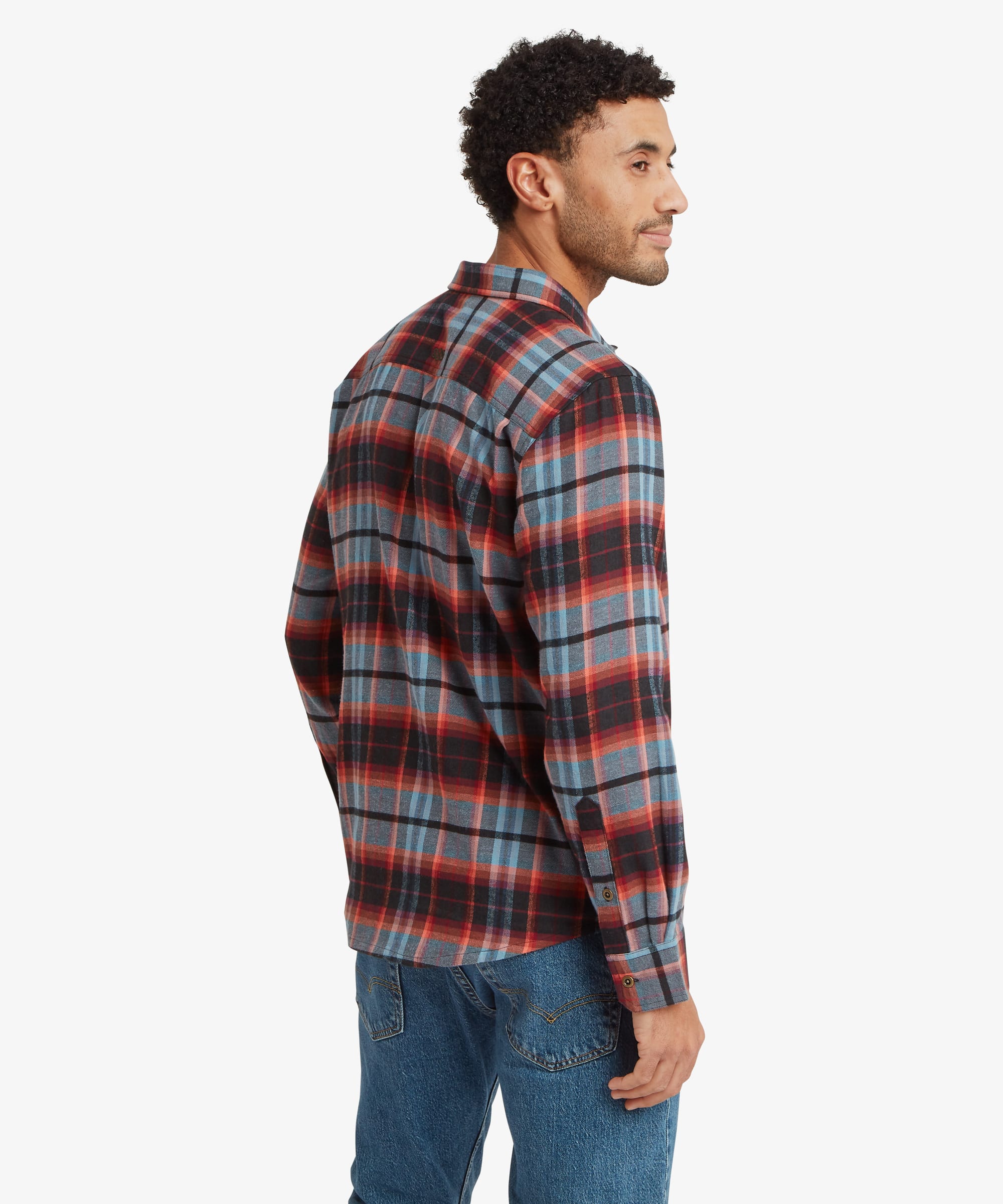 Back view of a red plaid long-sleeve shirt featuring navy and grey accents within the check pattern and a relaxed silhouette across the shoulders and back.