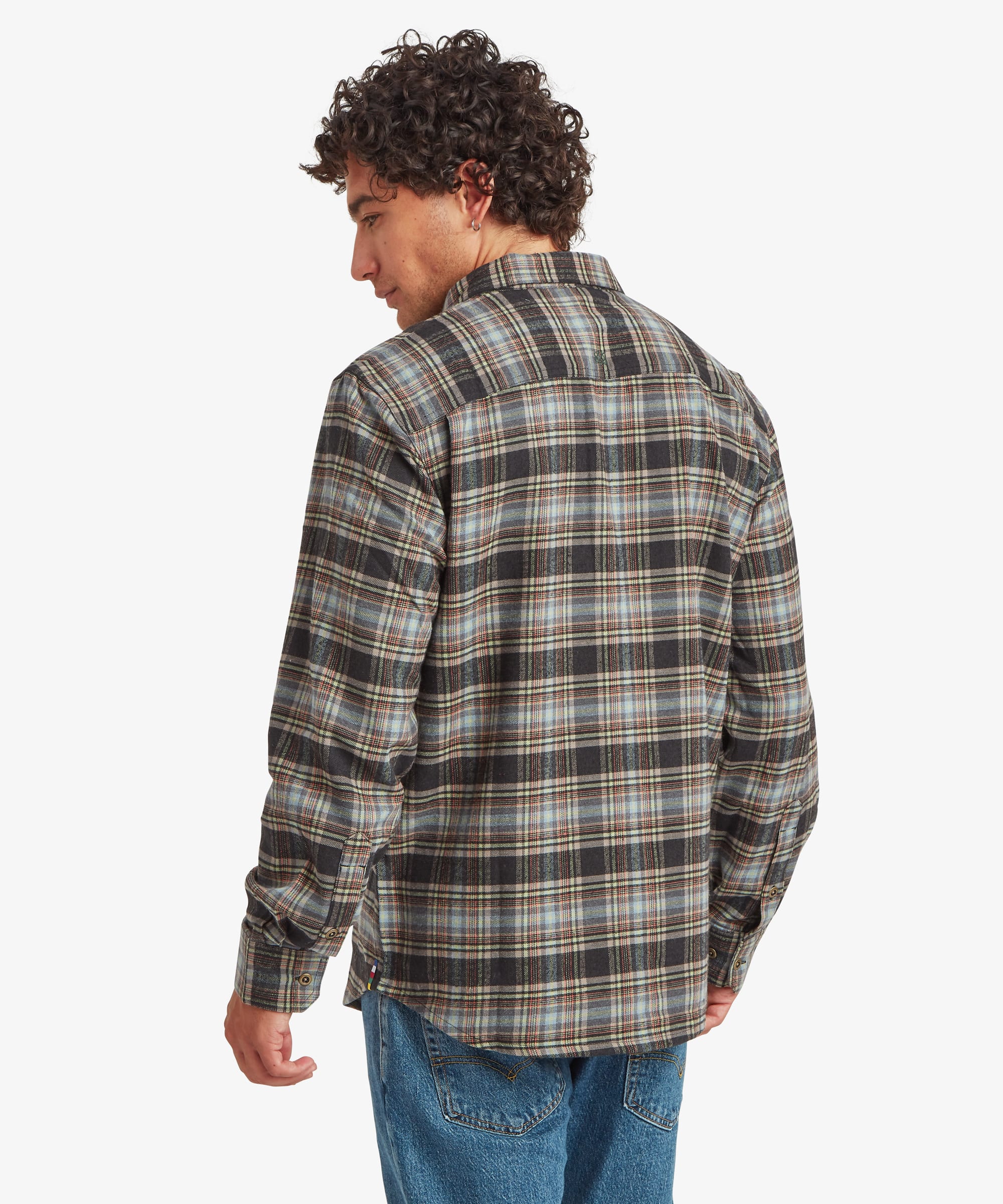 Back view of a plaid long-sleeve shirt in olive green, brown, cream and charcoal tones. The shirt features a back yoke seam, long sleeves with button cuffs and a relaxed fit through the shoulders and body.