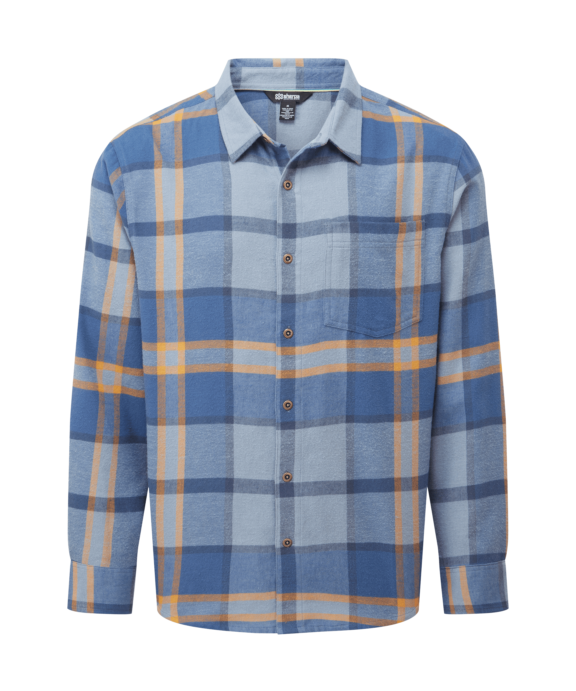 Front view of a men's Sherpa Adventure Gear long-sleeve plaid button-up shirt in shades of blue, light blue, and tan. Features a classic collar, full button-front closure, chest pocket, and relaxed everyday fit.
