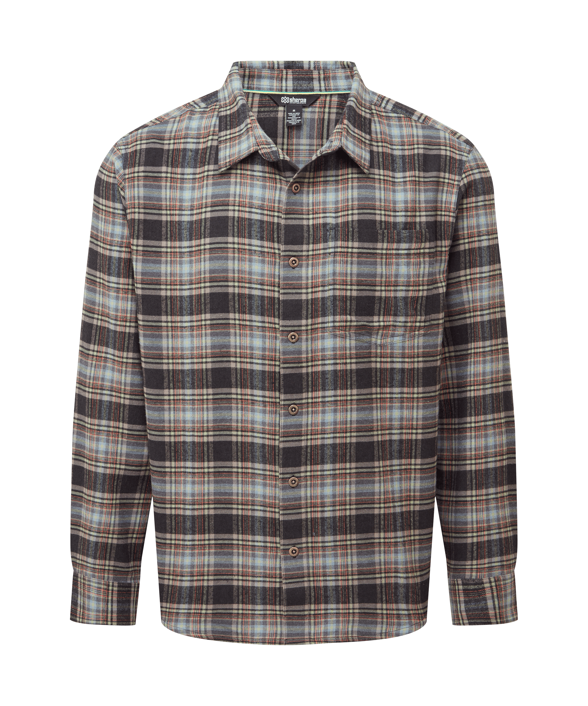 Front view of a men's Sherpa Adventure Gear long-sleeve plaid shirt in muted green, brown, cream, and grey tones. Designed with a classic collar, button-front closure, and casual outdoor-inspired styling.