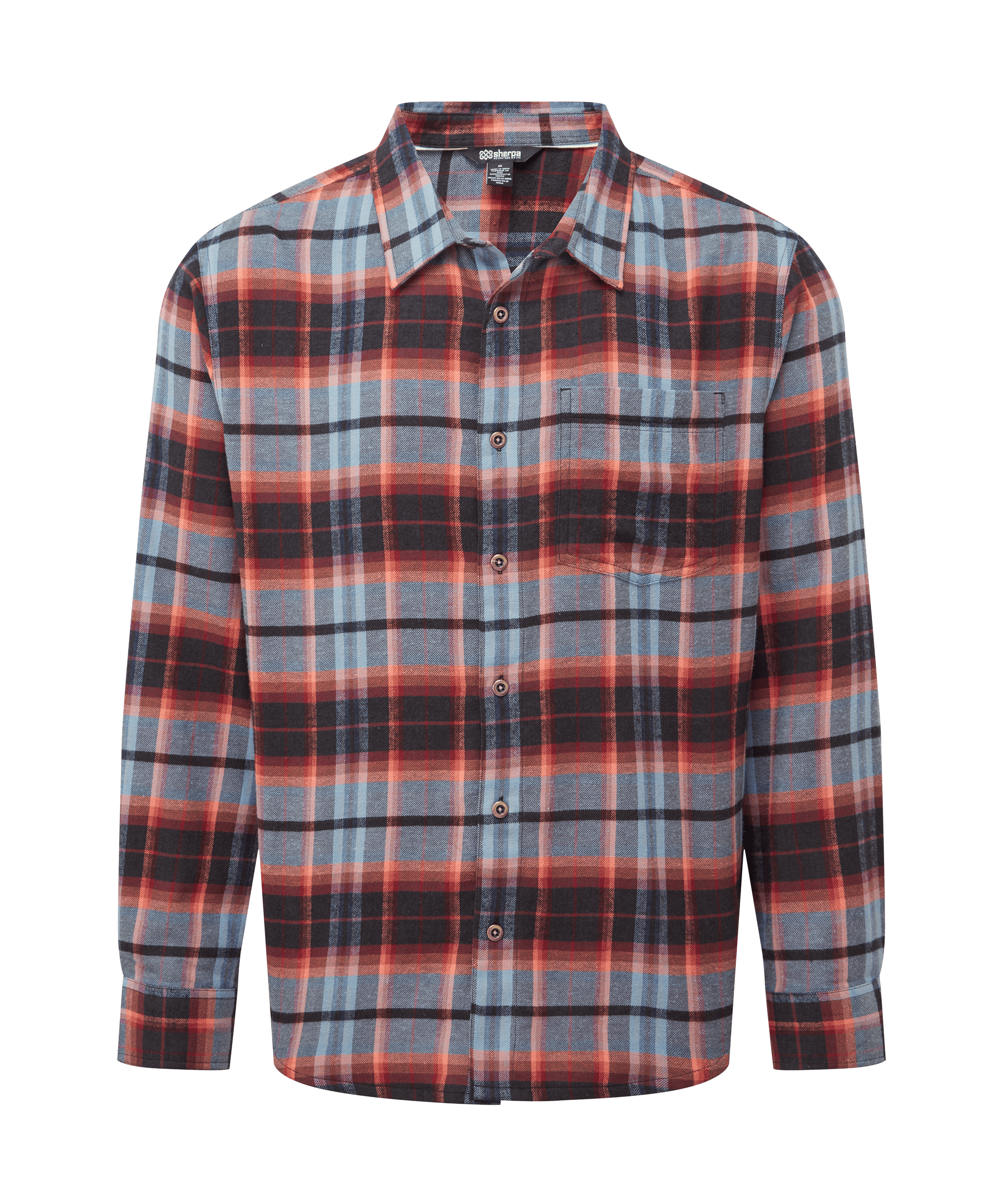Front view of a men's Sherpa Adventure Gear long-sleeve plaid button-up shirt featuring blue, grey, orange, and black checks. Includes a classic collar, chest pocket, and relaxed fit.