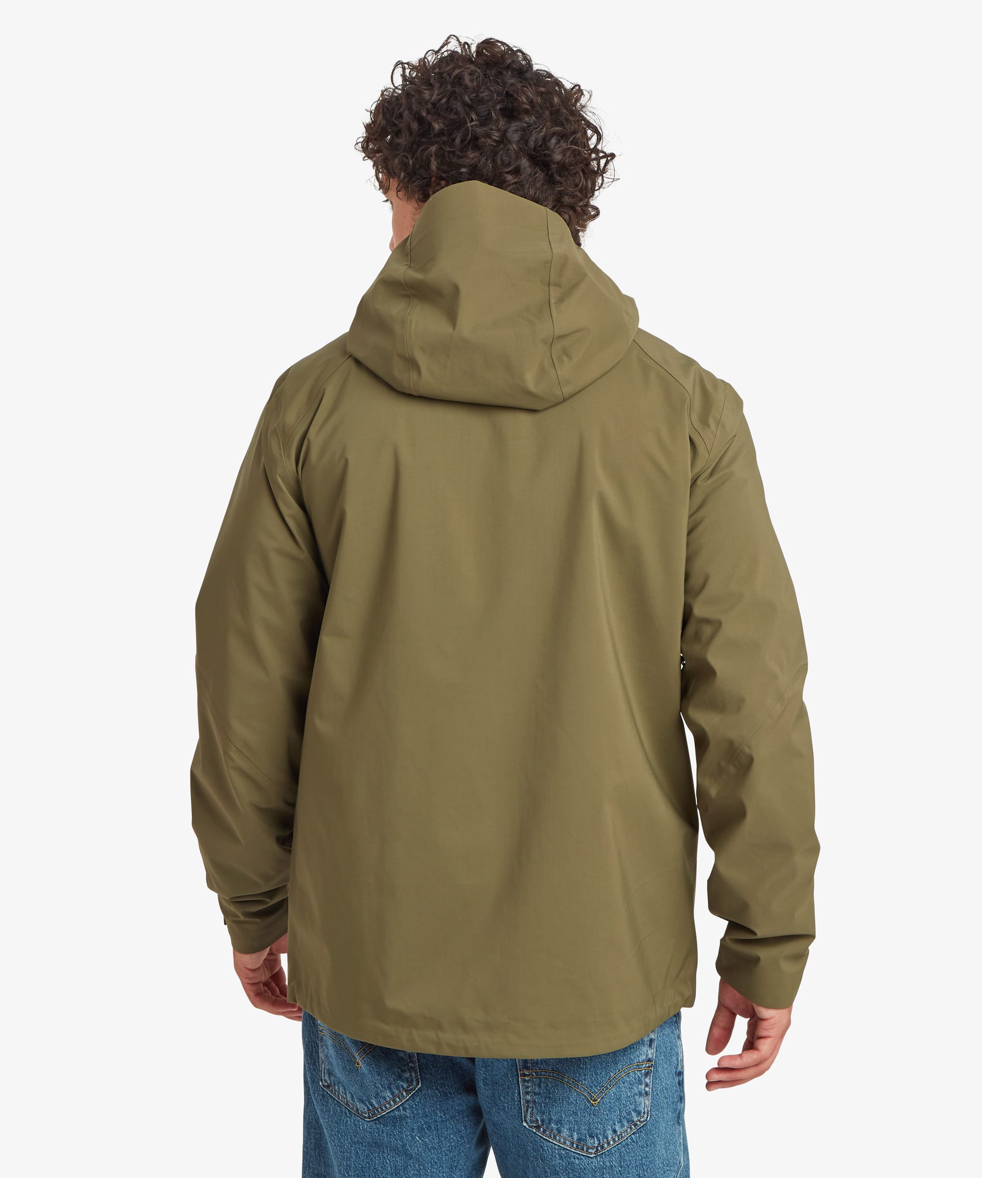 Back view of an olive green waterproof shell jacket with an adjustable hood and relaxed outdoor fit. The jacket features long sleeves, clean seam lines and weather-resistant construction.