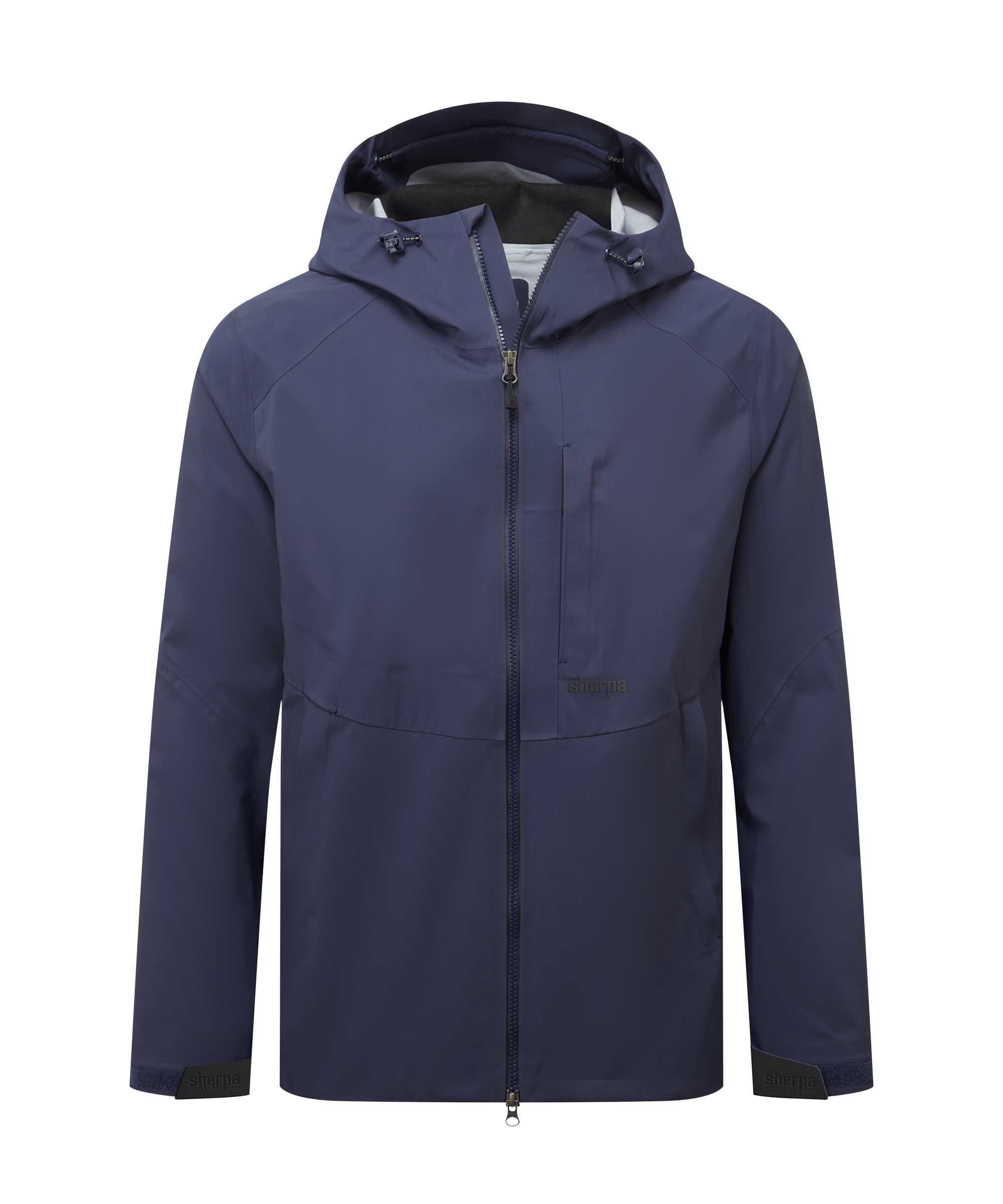 Front view of a men's Sherpa Adventure Gear waterproof hooded jacket in deep blue. Features a full-zip front, adjustable hood, zippered hand pockets, and a streamlined outdoor performance design.