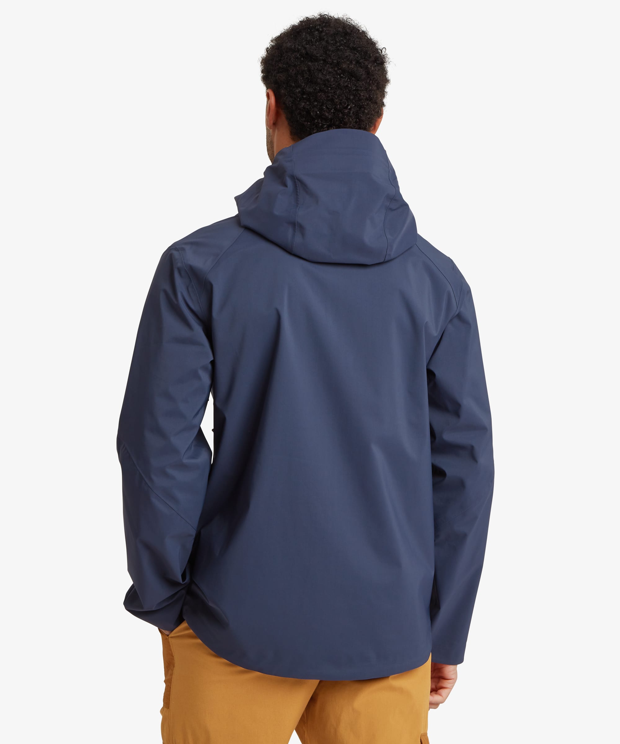 Back view of a men's waterproof shell jacket in deep navy blue. The jacket features a protective hood, long sleeves, streamlined seam construction and a regular fit designed for outdoor activities.
