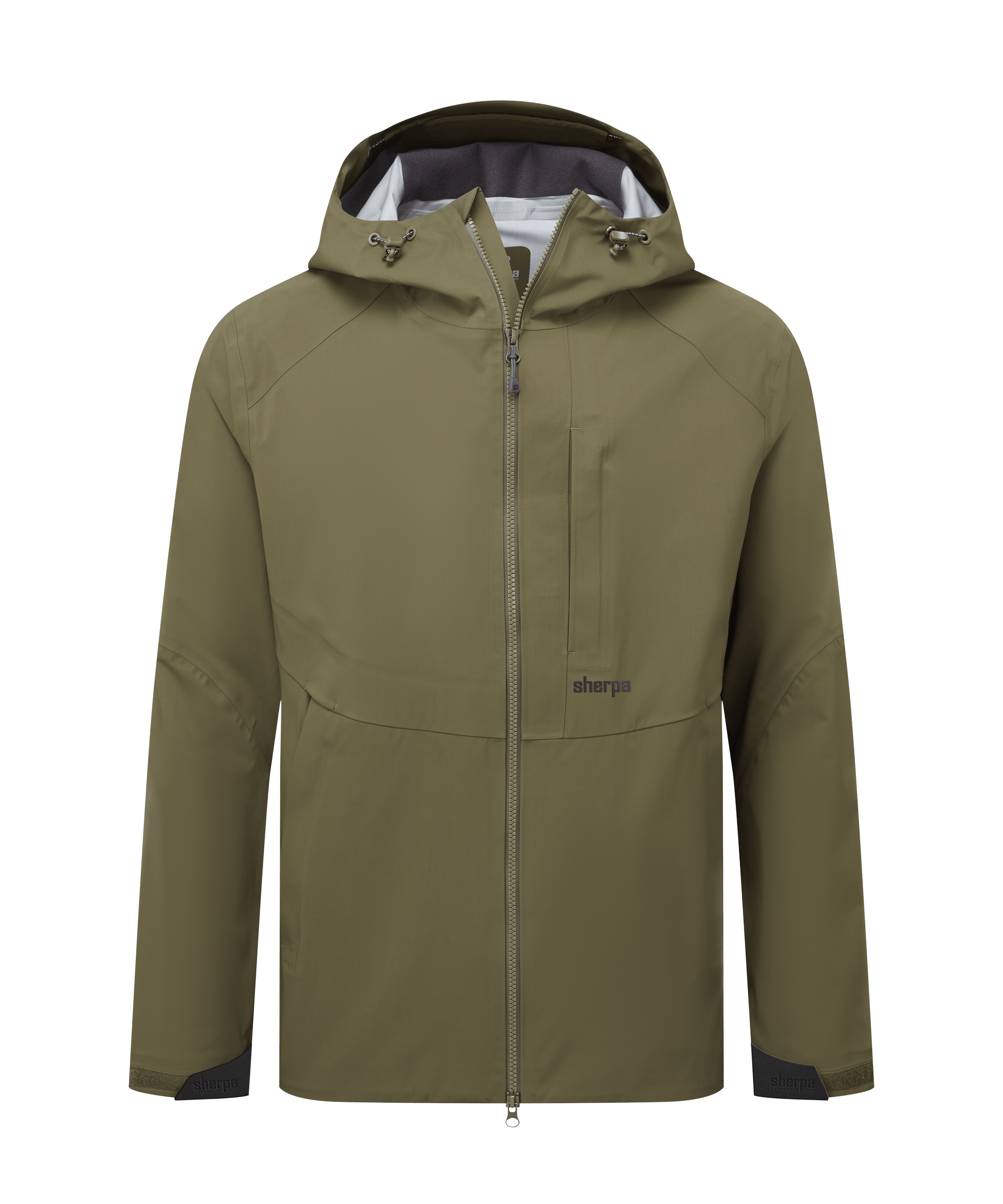 Front view of a men's Sherpa Adventure Gear waterproof shell jacket in olive green. Designed with a full-length zipper, adjustable hood, zippered pockets, and a clean technical silhouette.