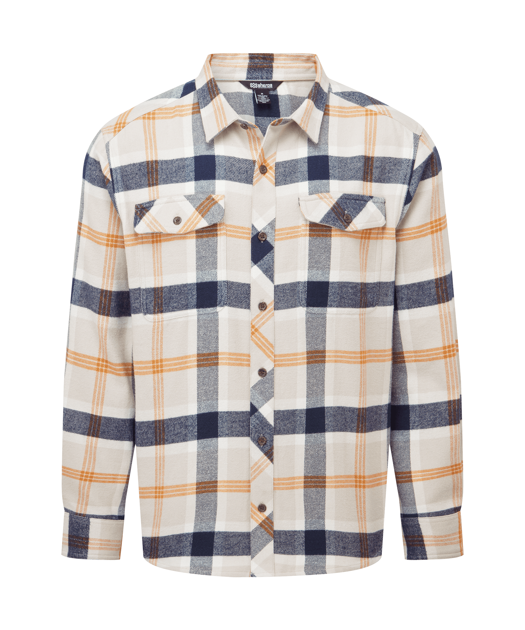 Front view of a men's Sherpa Adventure Gear plaid flannel-style shirt in beige, navy, and mustard tones. Features dual button-flap chest pockets, a classic collar, and long sleeves.