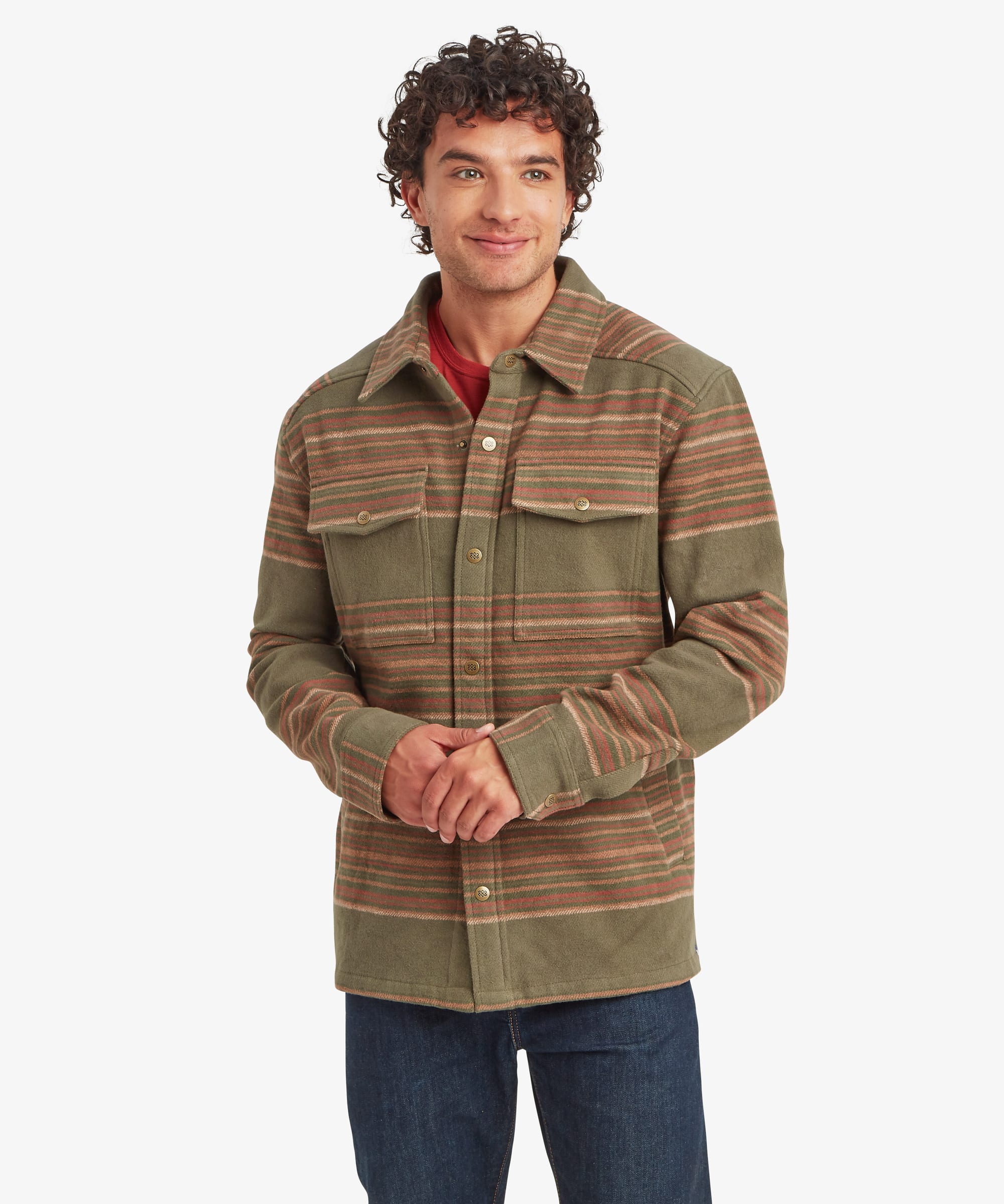 Front view of a man wearing a striped shirt jacket in olive green with rust, tan and charcoal horizontal stripe detailing. The relaxed-fit shirt jacket features a button-front closure, spread collar and two button-flap chest pockets. The man stands with hands loosely clasped and a slight smile.