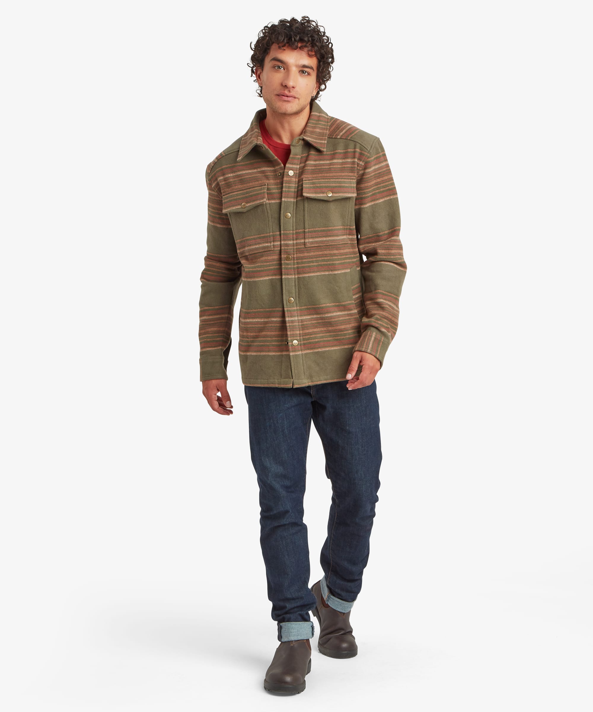 Full-body view of a man wearing an olive green striped shirt jacket paired with blue jeans and casual shoes. The relaxed-fit overshirt features horizontal woven stripe patterns, a button-front placket, spread collar and dual chest pockets with flap closures.