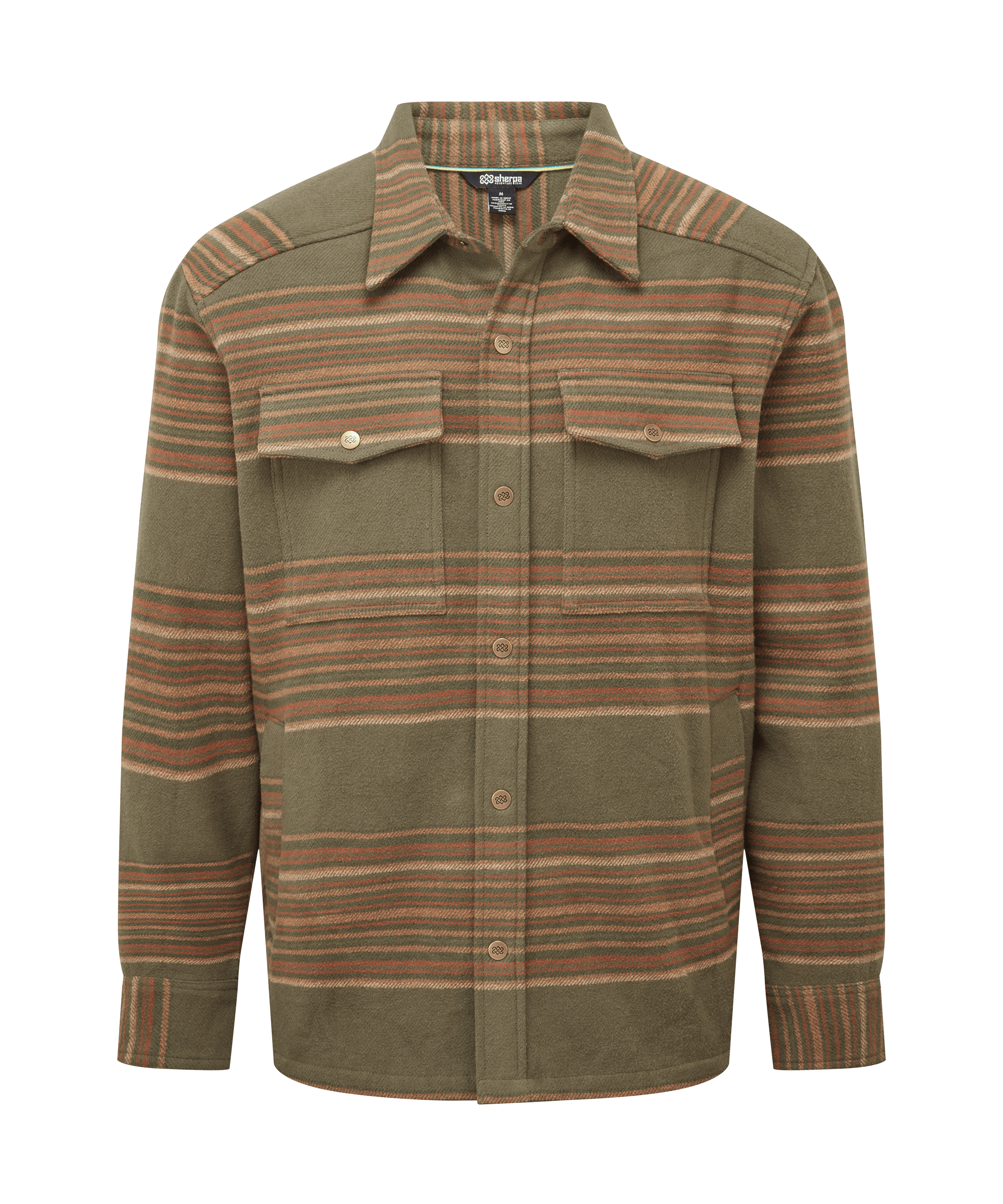 Front view of a men's Sherpa Adventure Gear striped shirt jacket in olive green, tan, and rust tones. Features a button-front closure, chest pockets, long sleeves, and a relaxed utility-inspired fit.