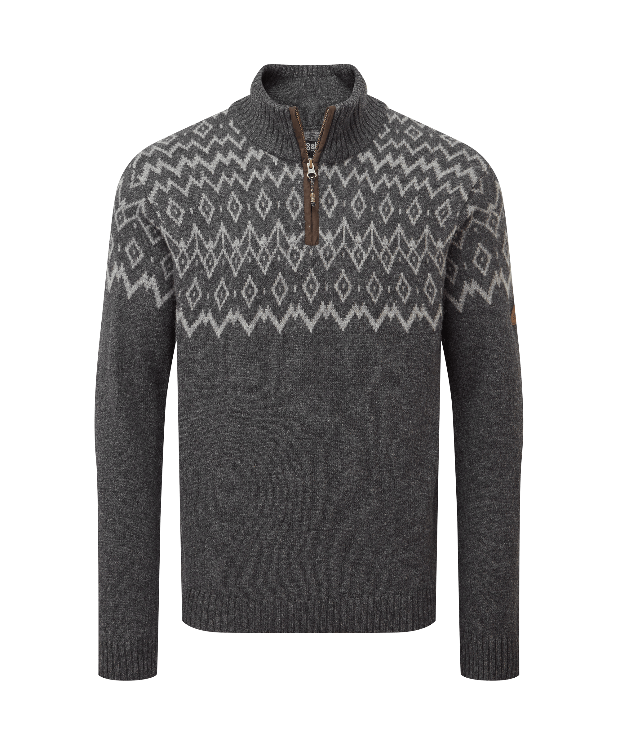Front view of a men's Sherpa Adventure Gear quarter-zip knit sweater in charcoal grey with a white Fair Isle-inspired geometric pattern across the chest and shoulders. Features a stand collar and long sleeves.