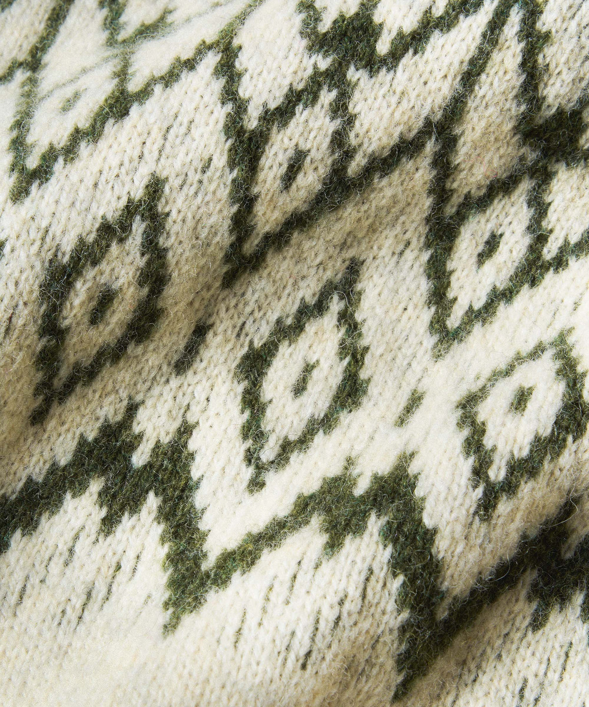 Close-up of a knitted 80% wool and 20% nylon textile with a dark olive green geometric pattern.