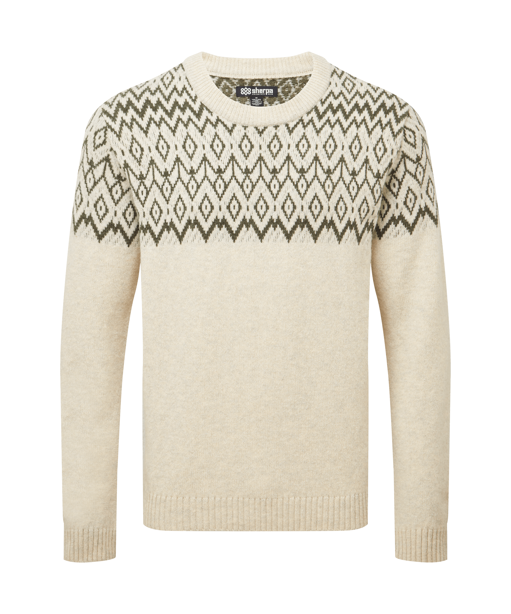 Front view of a men's Sherpa Adventure Gear crew-neck sweater in cream beige with a contrasting dark geometric Fair Isle pattern across the upper chest and shoulders. Features ribbed trim and a classic fit.