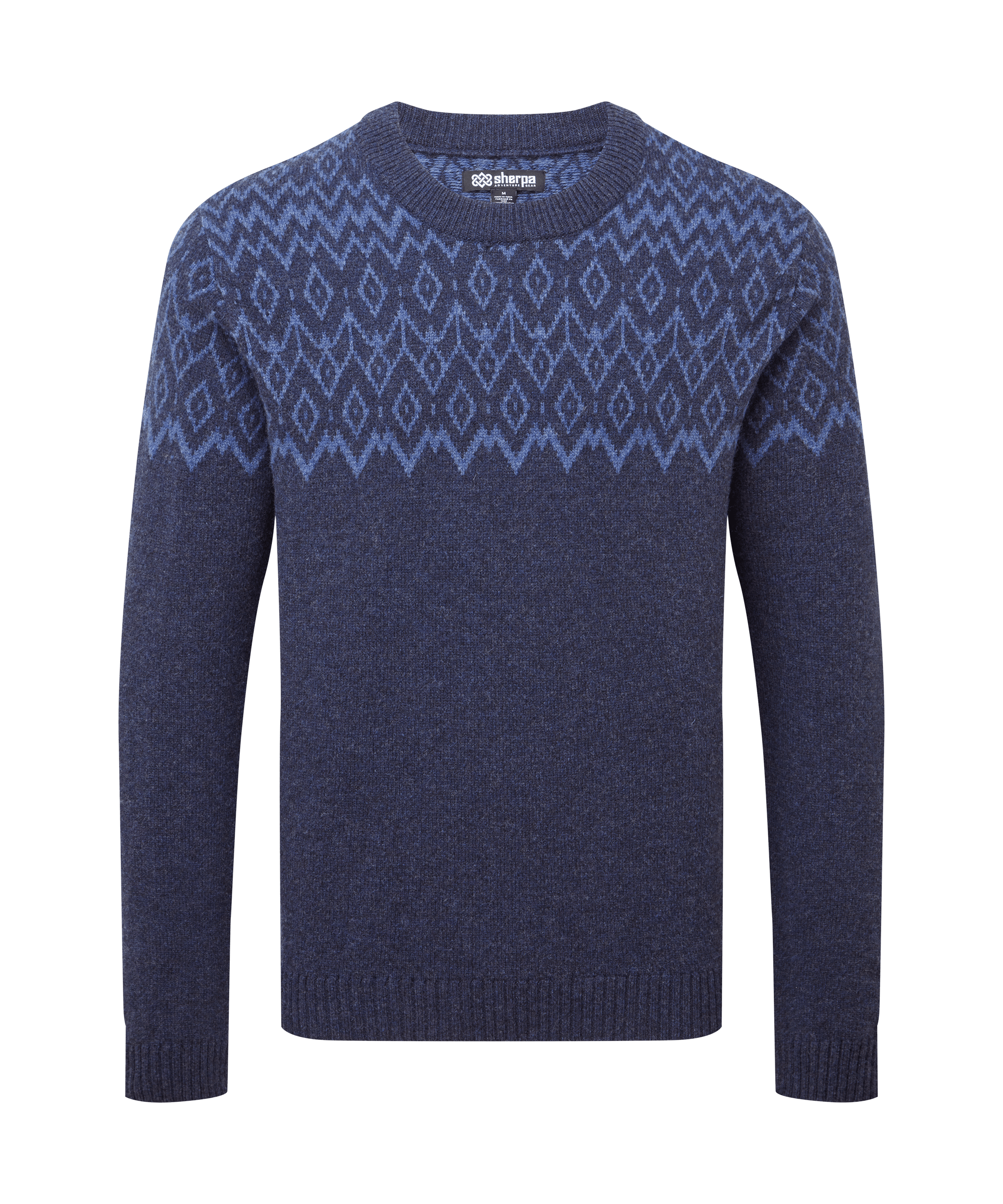 Front view of a men's Sherpa Adventure Gear crew-neck sweater in deep blue with a tonal Fair Isle-inspired pattern across the chest and shoulders. Features long sleeves and a timeless knit silhouette.