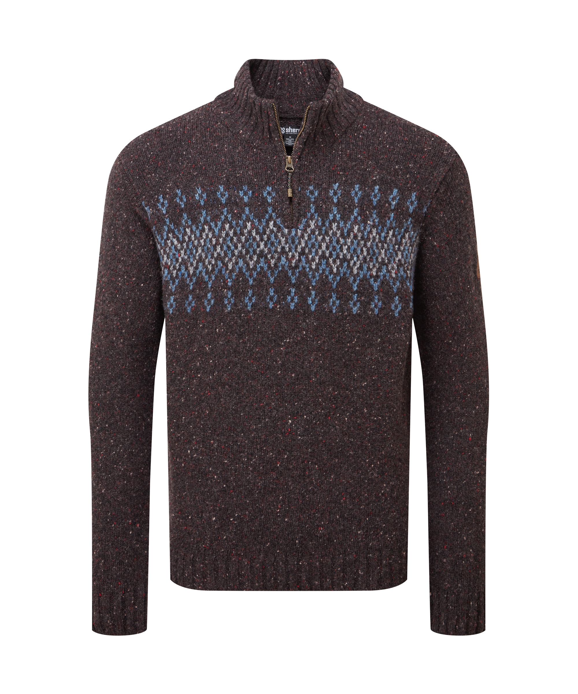 Front view of a men's Sherpa Adventure Gear quarter-zip sweater in dark charcoal black with a blue, grey, and white Fair Isle-inspired yoke pattern. Features a stand collar, long sleeves, and a textured knit finish.