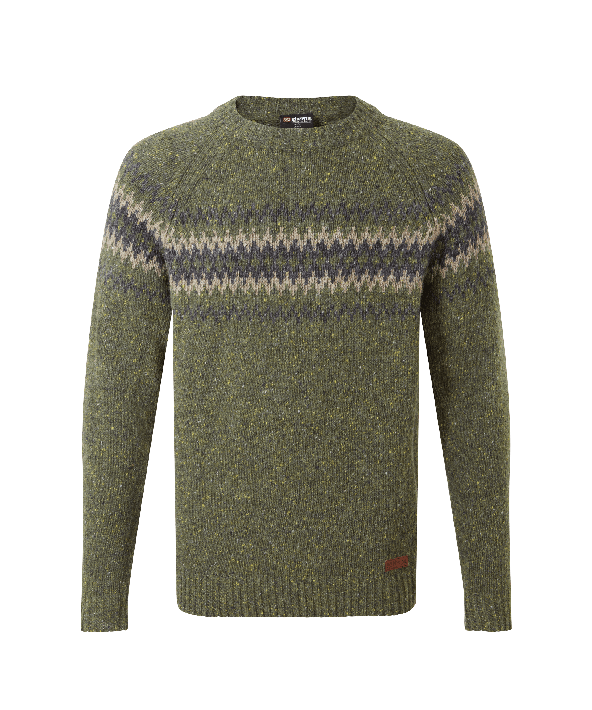 Front view of a men's Sherpa Adventure Gear quarter-zip sweater in heathered olive green with a contrasting Fair Isle-inspired pattern across the upper chest and shoulders. Features a stand collar and relaxed fit.