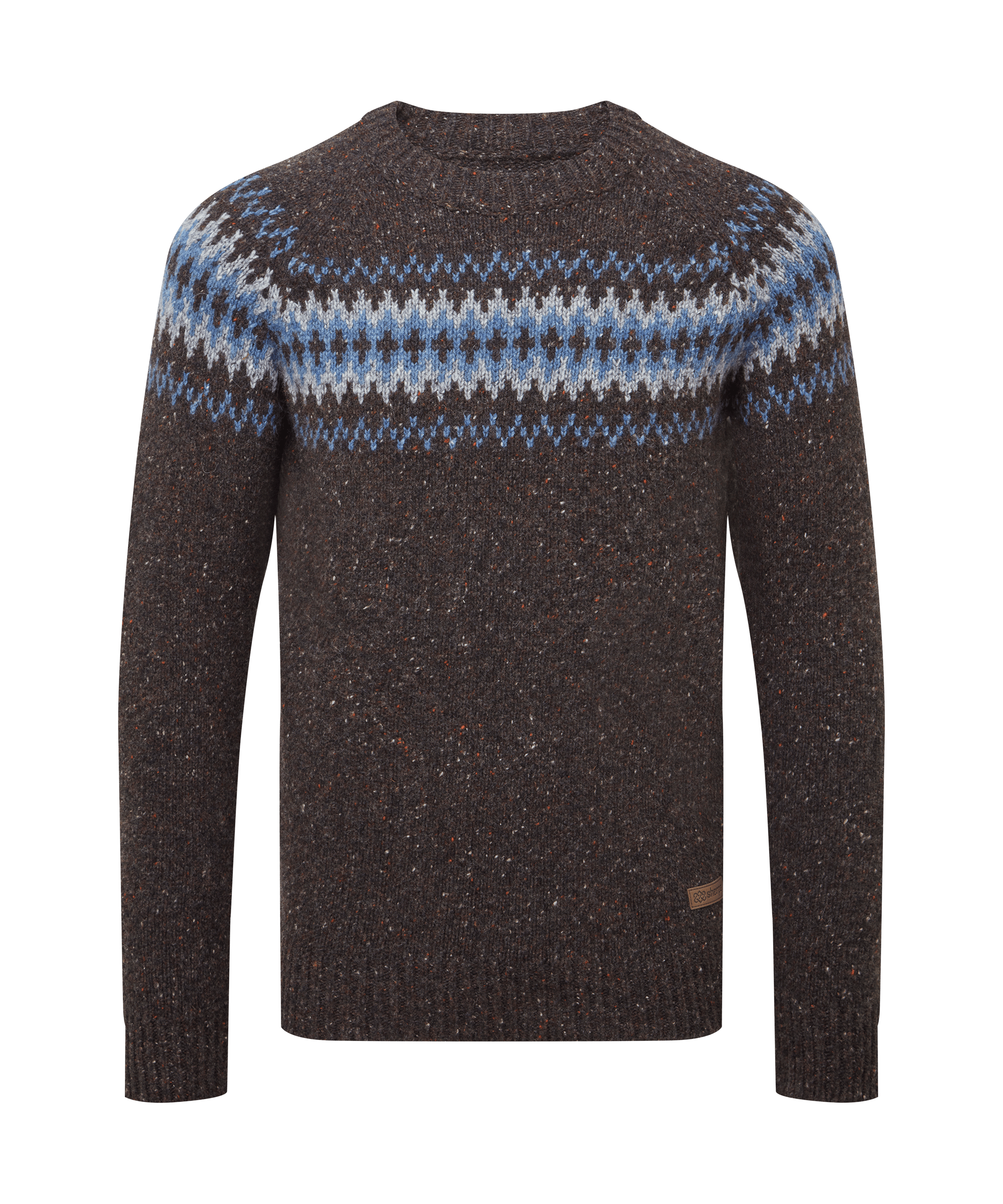 Front view of a men's Sherpa Adventure Gear crew-neck sweater in charcoal black with blue, grey, and white Fair Isle-inspired patterning across the chest and shoulders. Features a soft knit texture and classic fit.