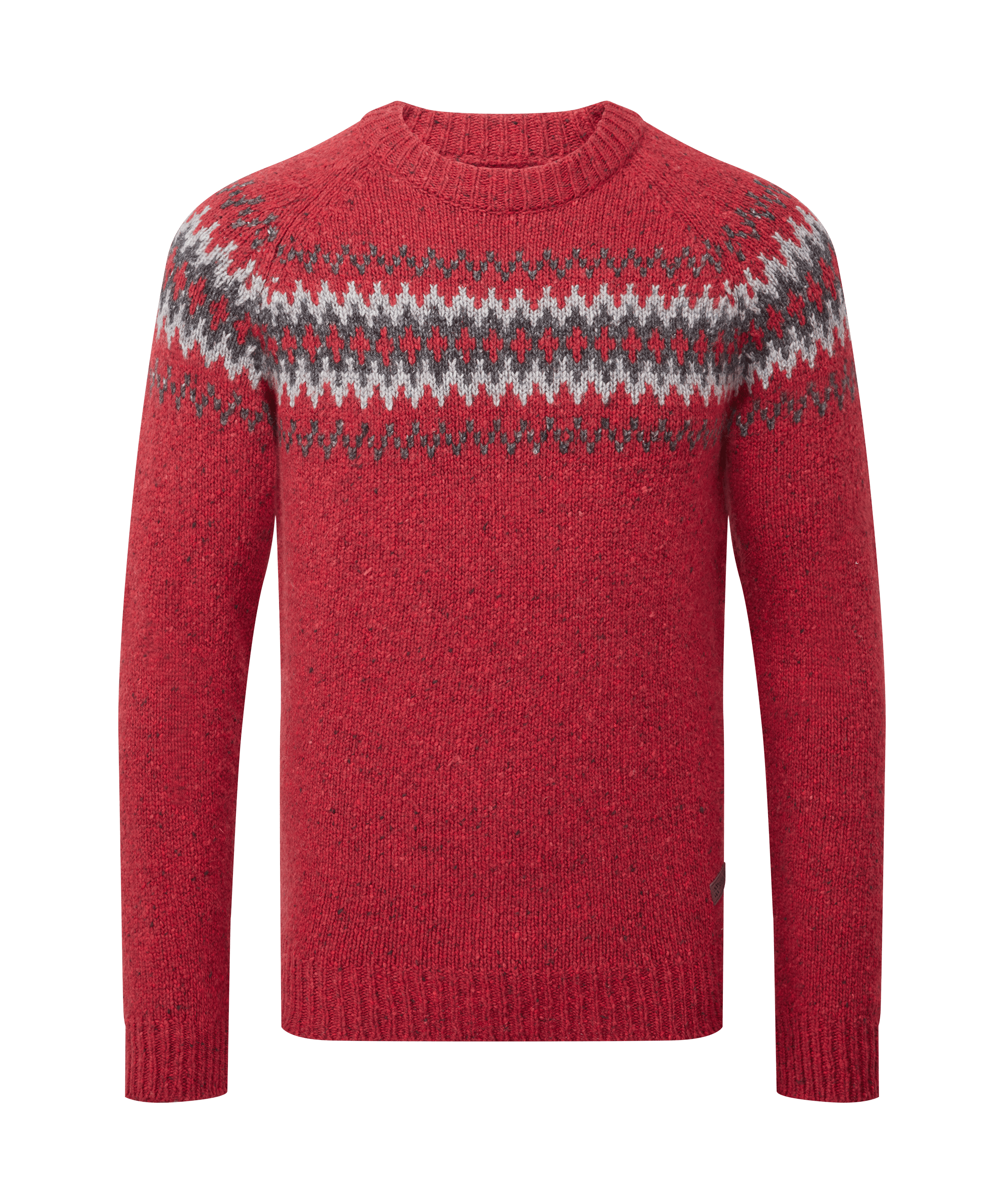 Front view of a men's Sherpa Adventure Gear crew-neck sweater in vibrant red with grey, white, and black Fair Isle-inspired geometric patterning across the upper body. Features long sleeves and ribbed trim.