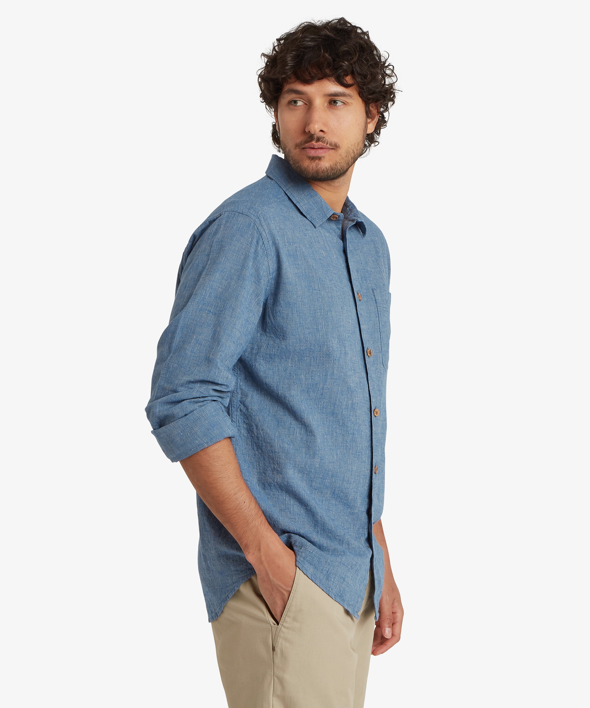 Habba Long Sleeve Shirt in Seaport Blue with rolled sleeves and subtle pattern
