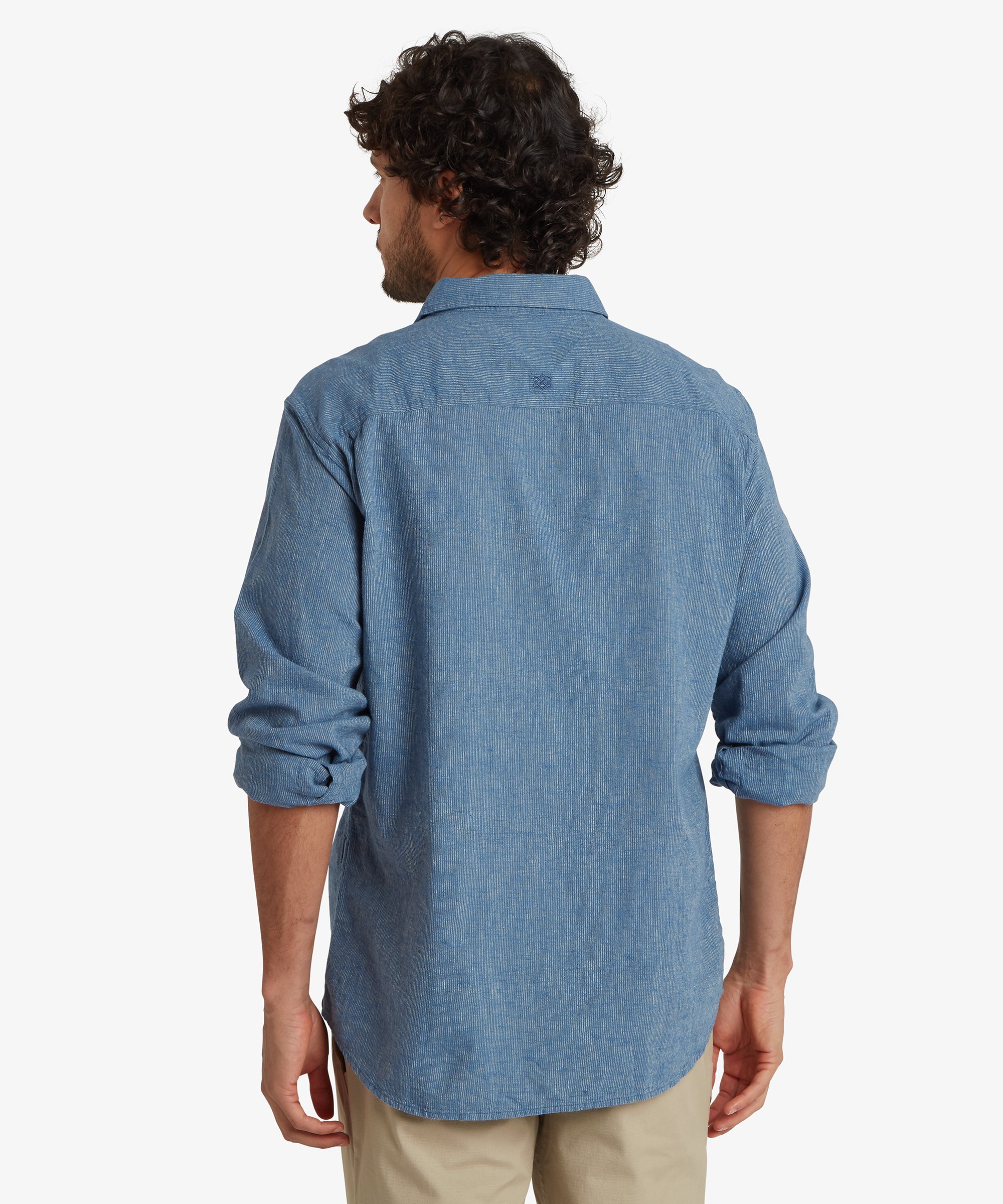 Habba Long Sleeve Shirt in Seaport Blue with rolled sleeves and textured weave