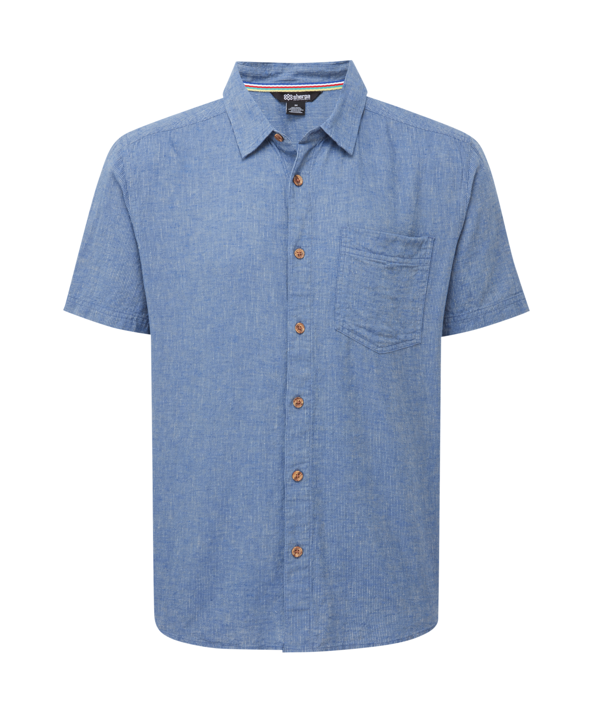 Men's blue short sleeve button-up shirt with a chest pocket on a white background