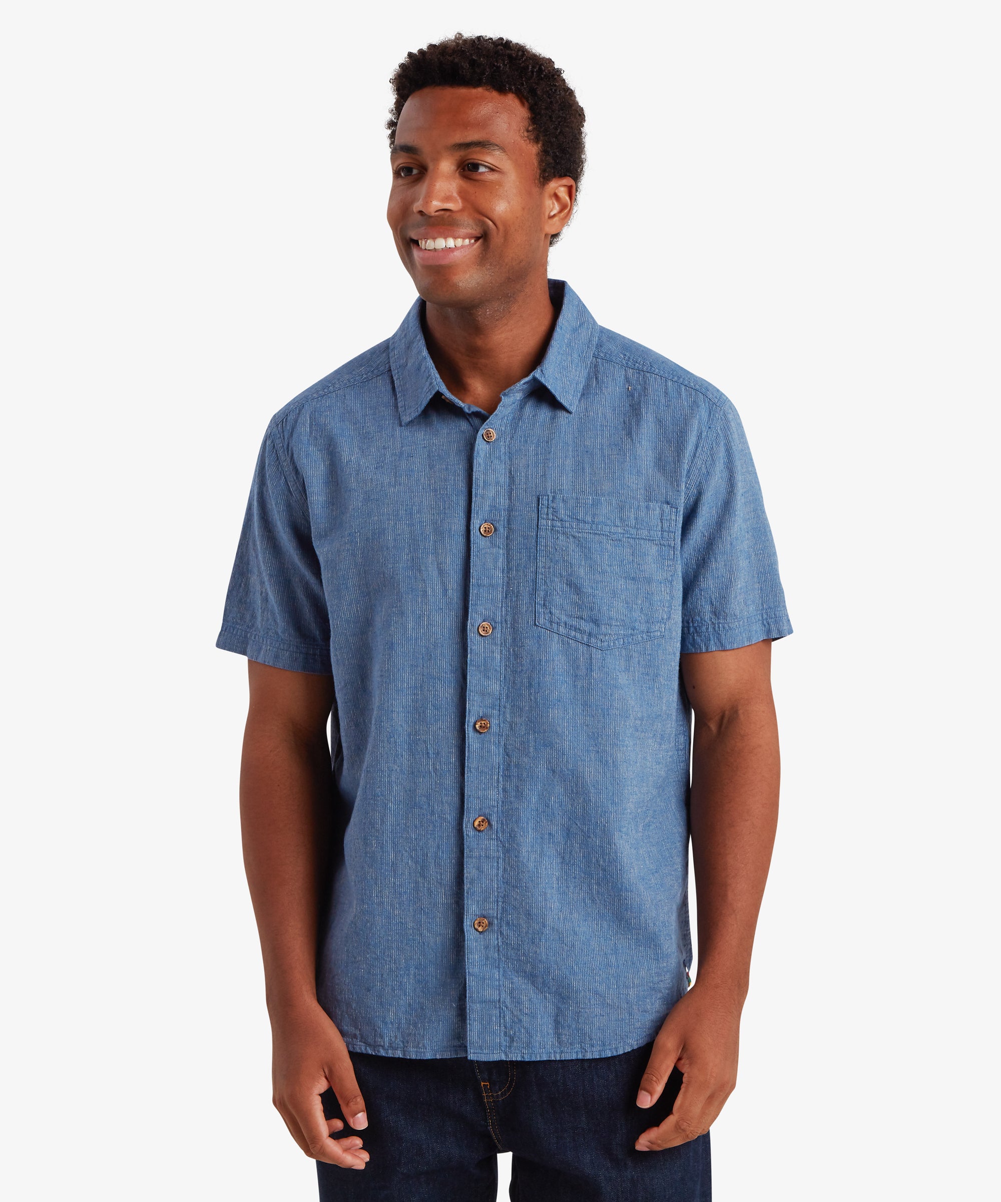 Habba Short Sleeve Shirt in Seaport Blue with textured weave pocket