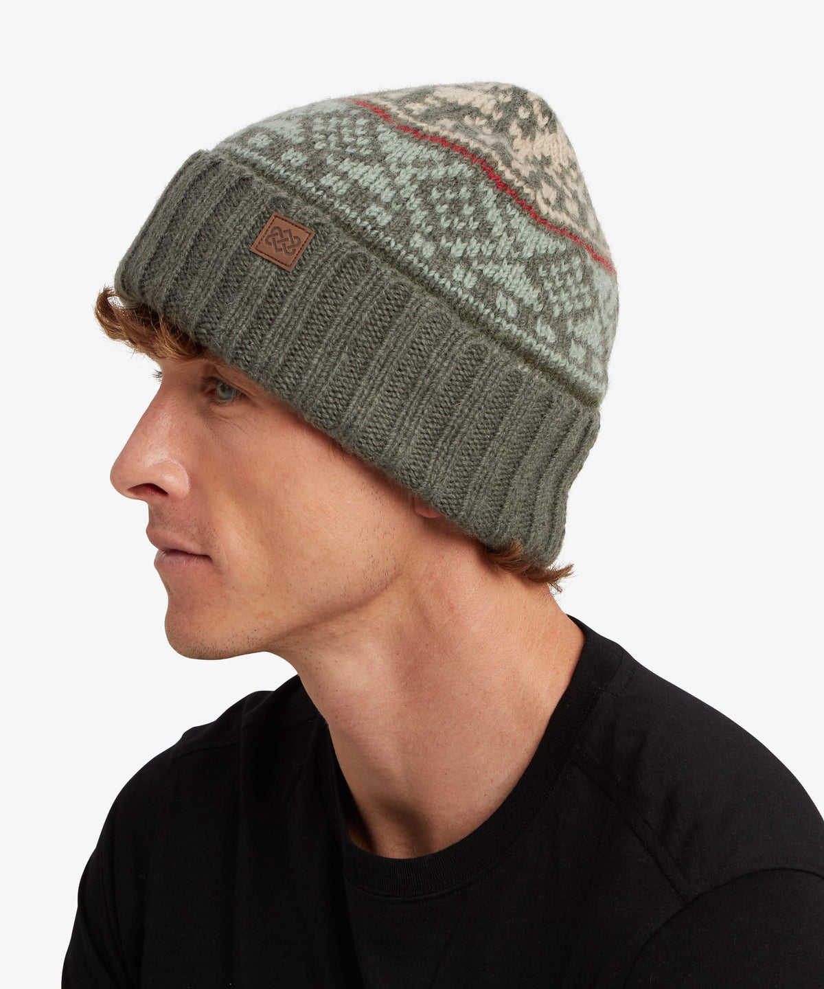 A man in a black shirt shown in profile wearing a knit beanie.