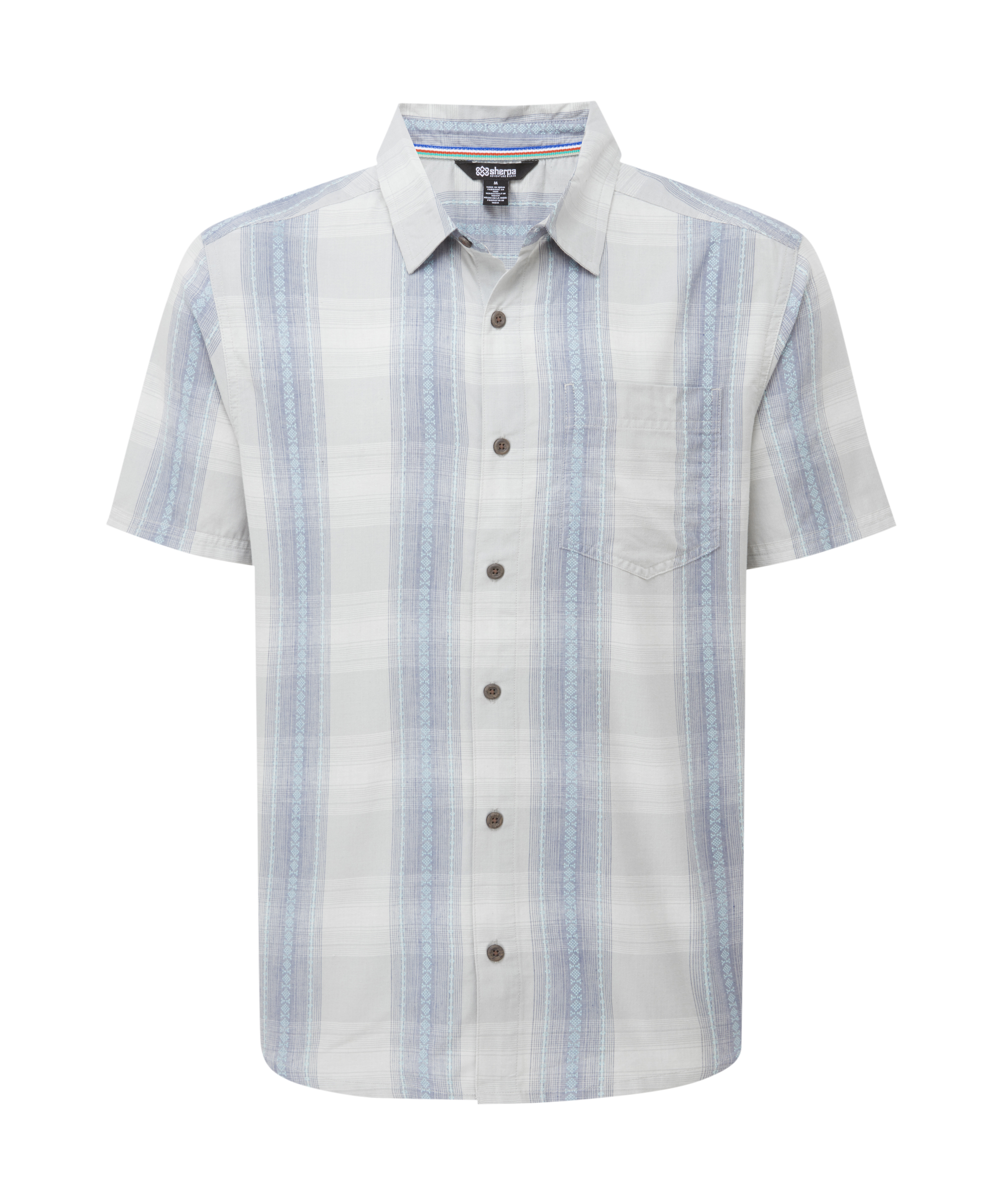 Men's short sleeve shirt with blue and white vertical striped pattern on a white background