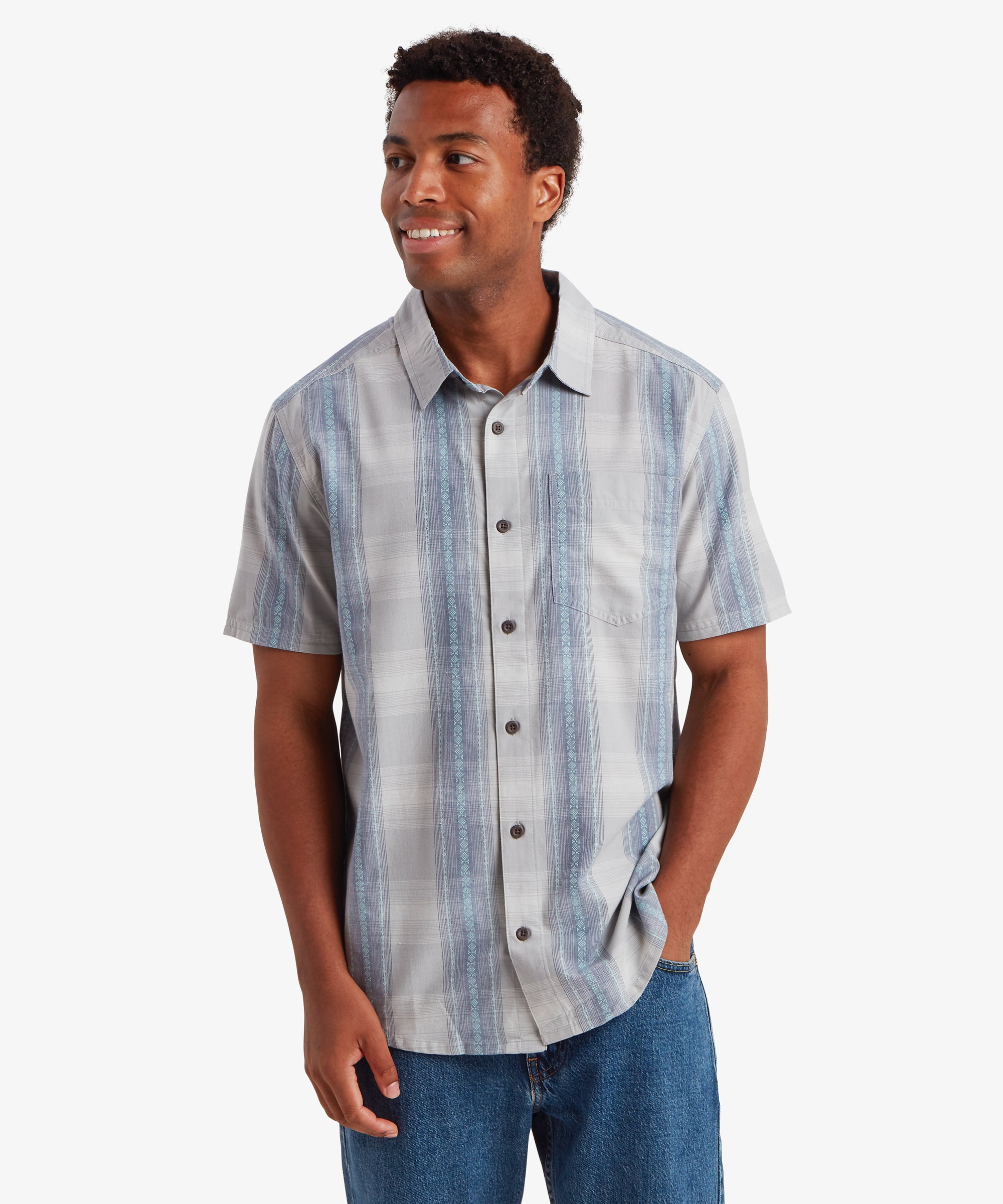 Man in Ispat Short Sleeve Shirt - Pearl Blue with blue gray stripes
