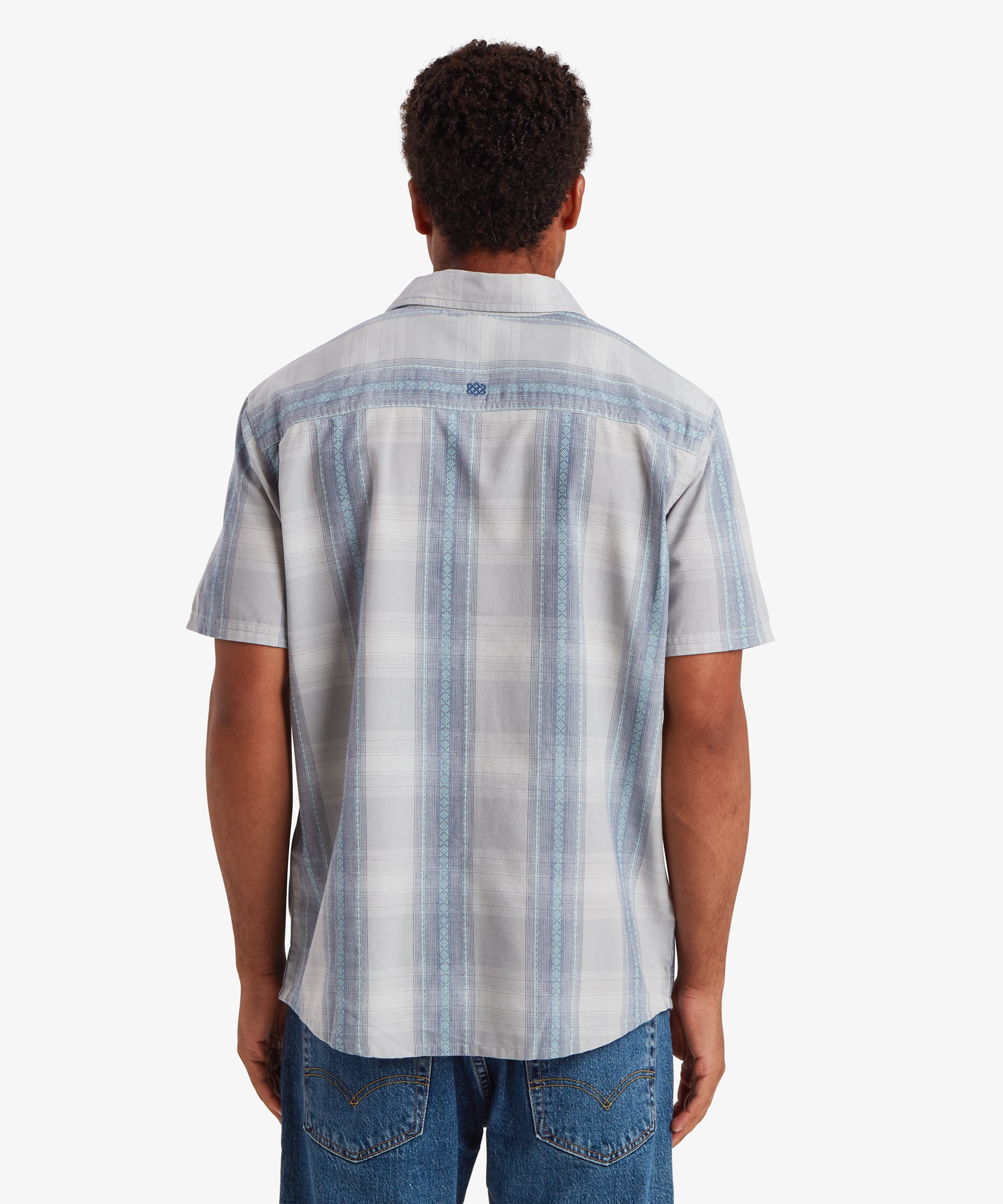 Back view of Ispat Short Sleeve Shirt in pearl blue plaid with embroidered seams