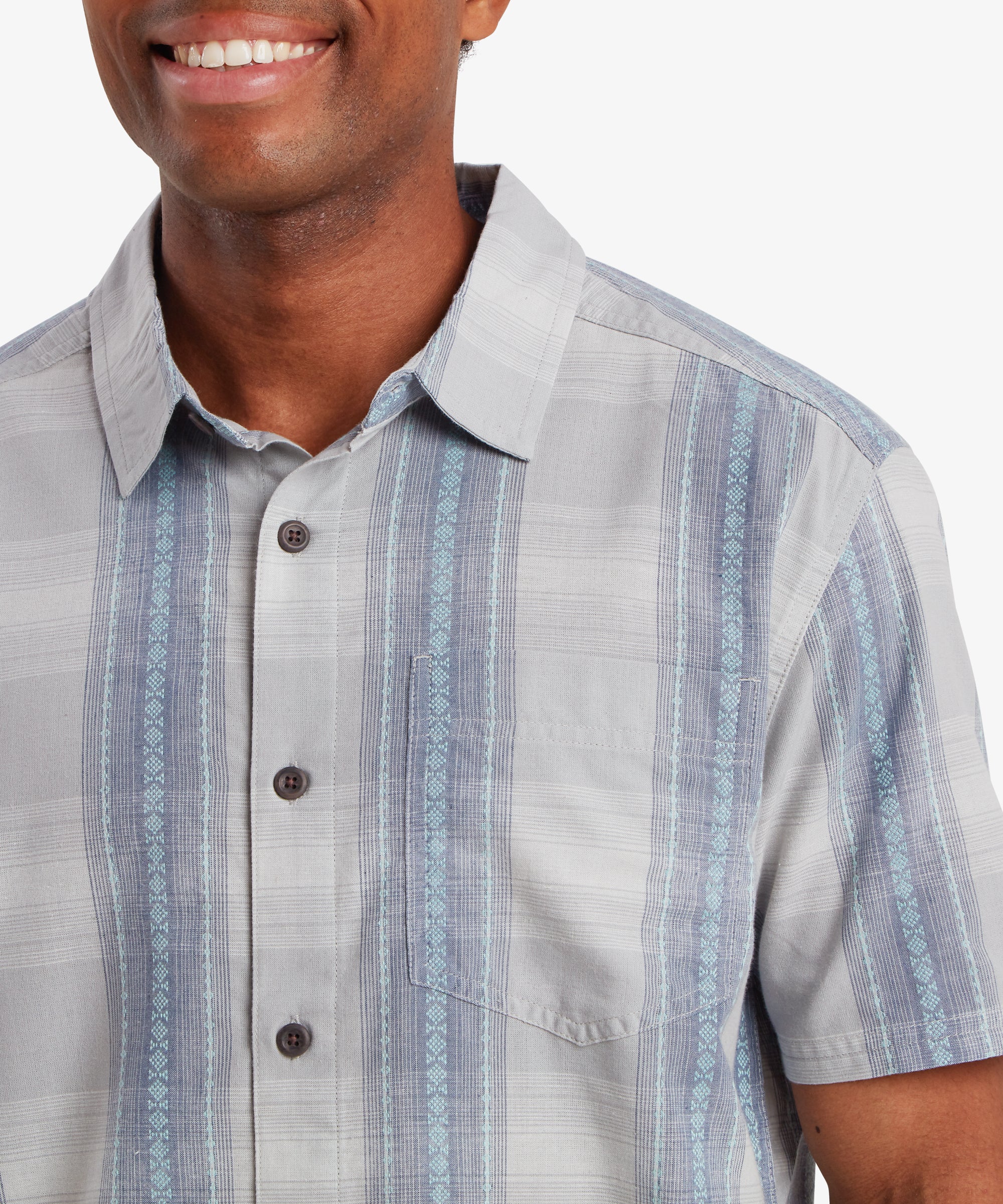 Ispat short sleeve Pearl Blue shirt with gray and light blue stripes