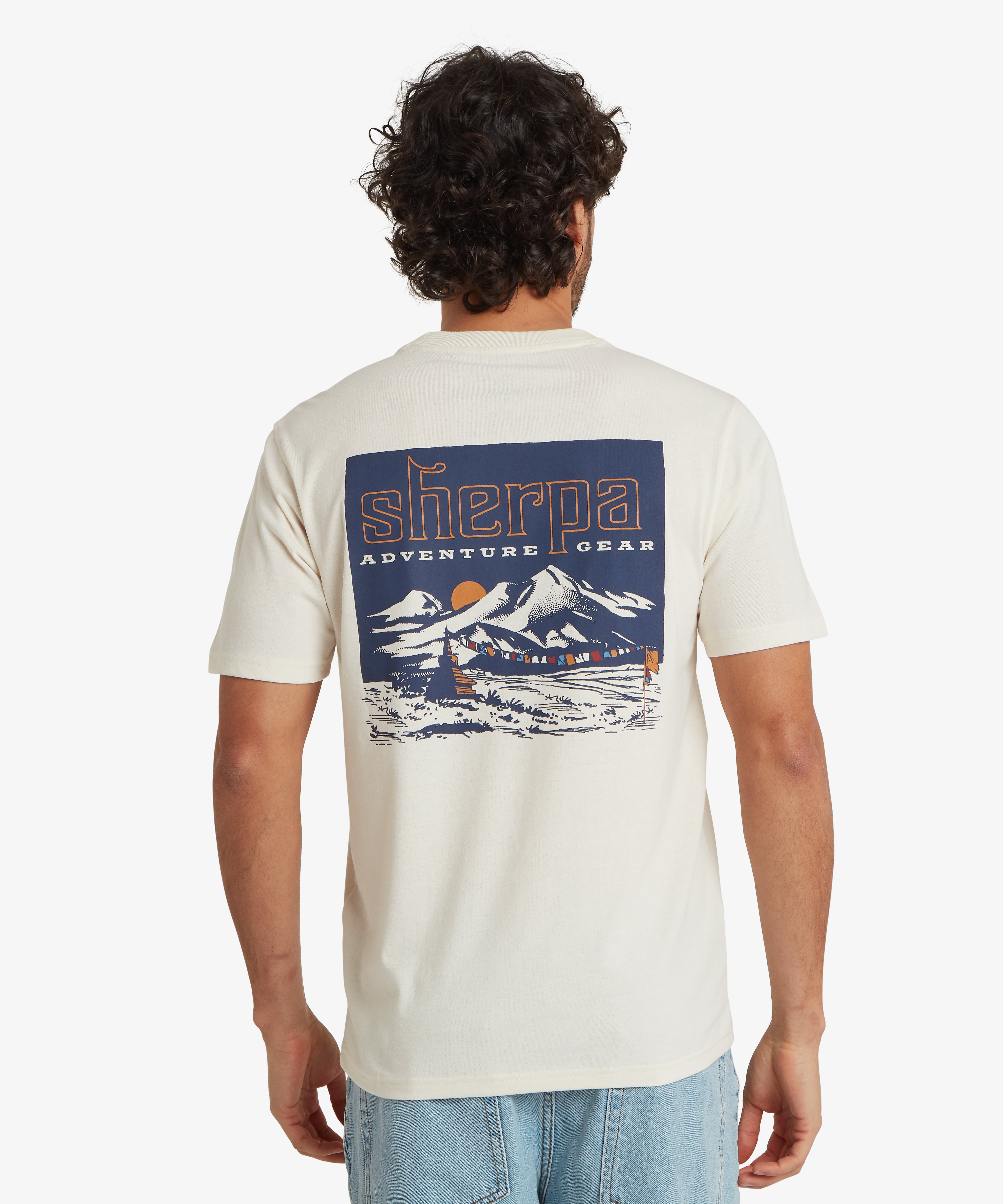 Jutnu Himalayan T-Shirt - Peetho: cream t-shirt with navy Sherpa mountain graphic