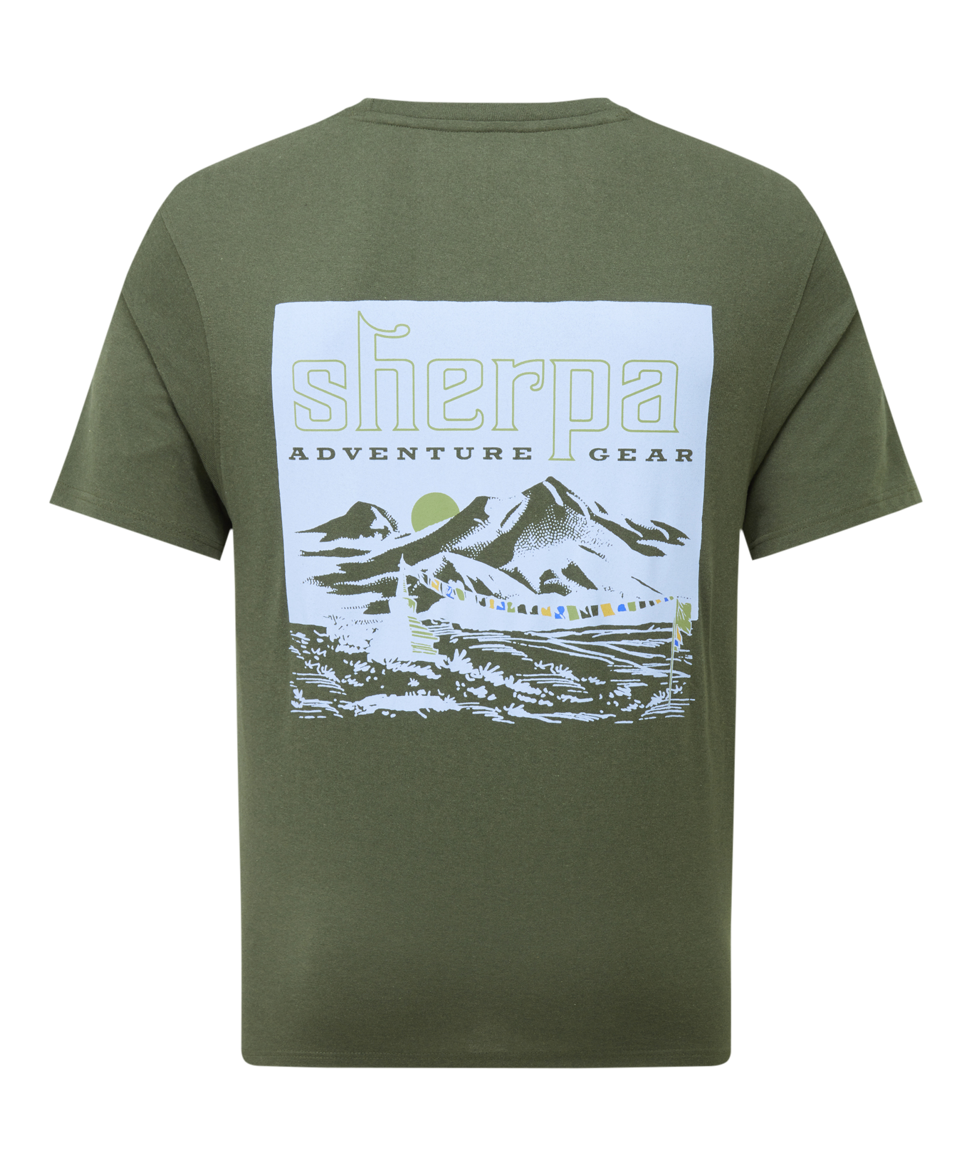 Back of men's green t-shirt with 'Sherpa Adventure Gear' Himalayan mountain graphic on a white background
