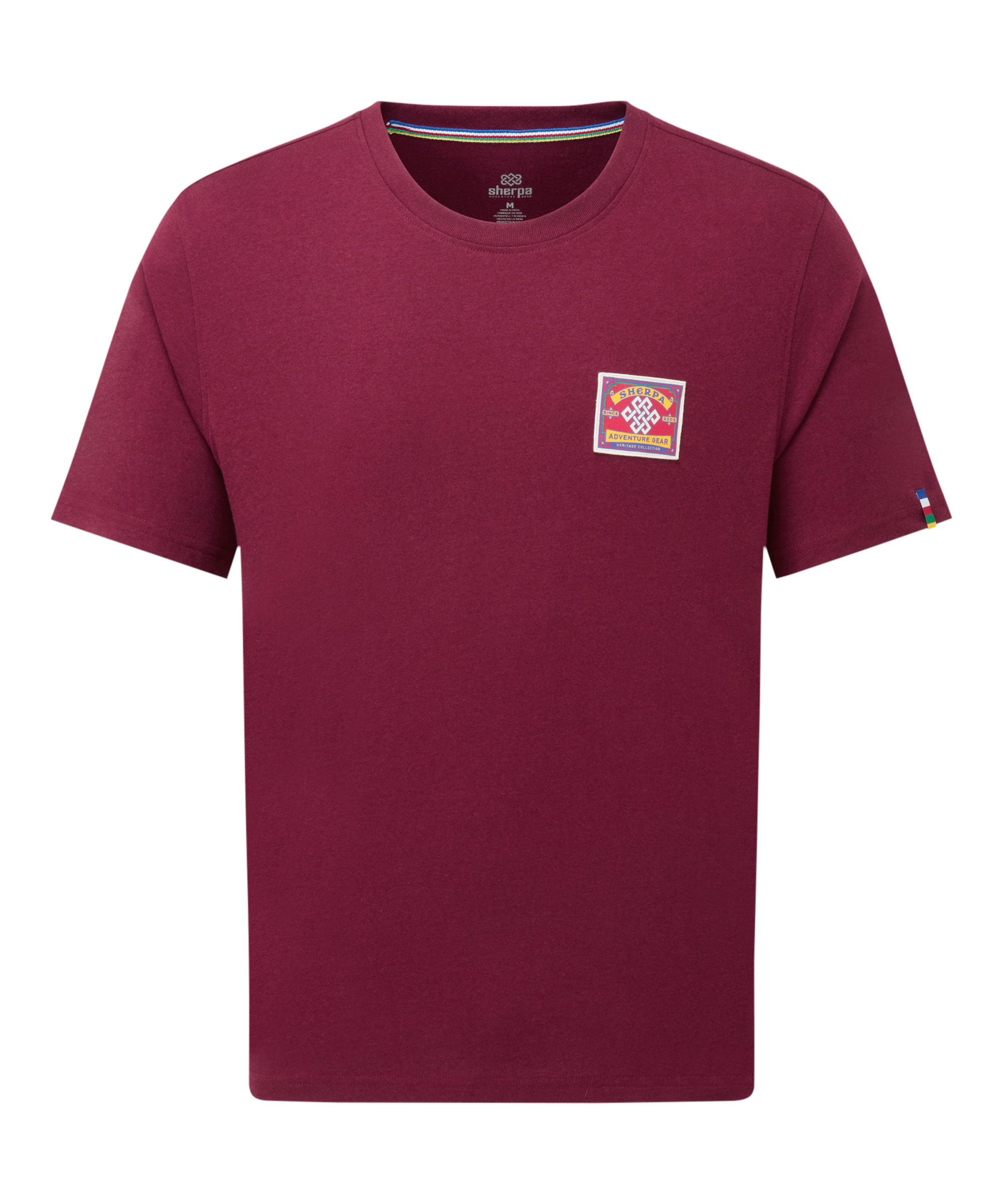 Men's maroon t-shirt with a small red mountaineering patch stitched to the chest on a white background