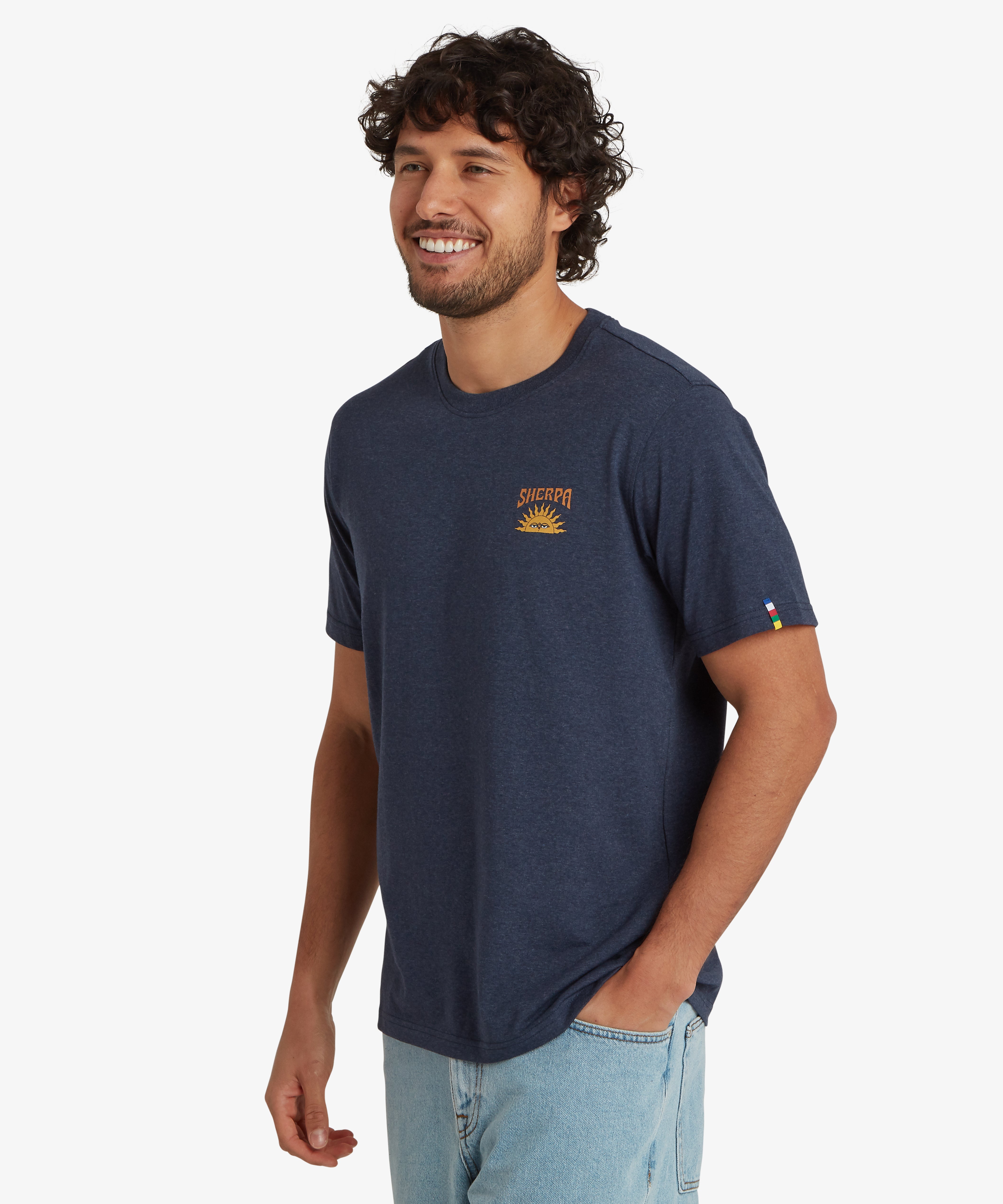 Navy blue Jutnu Psychedelic Rathee Blue t-shirt with gold logo and colorful tag