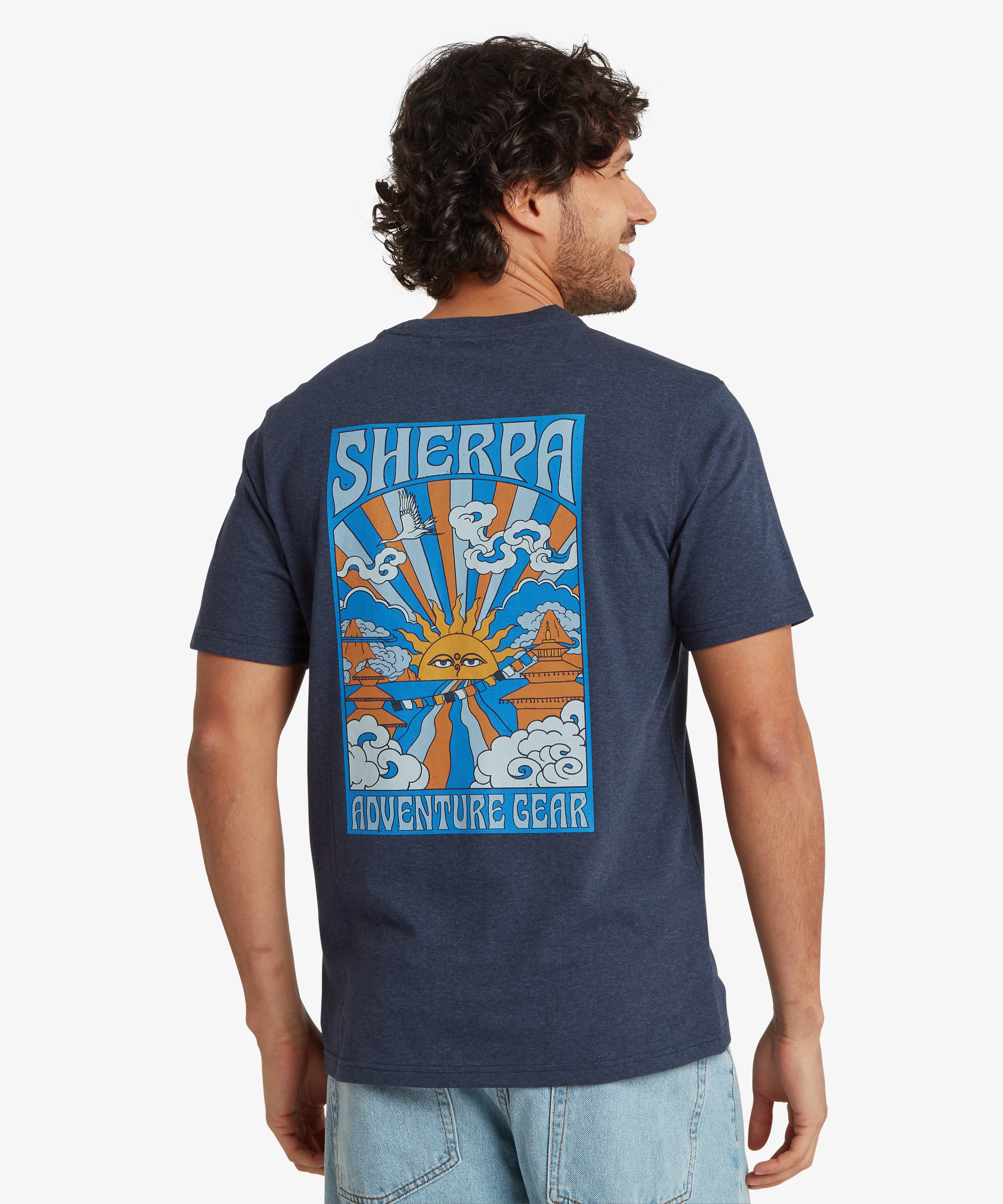 Jutnu Psychedelic Rathee Blue T-Shirt with retro Sherpa sun graphic