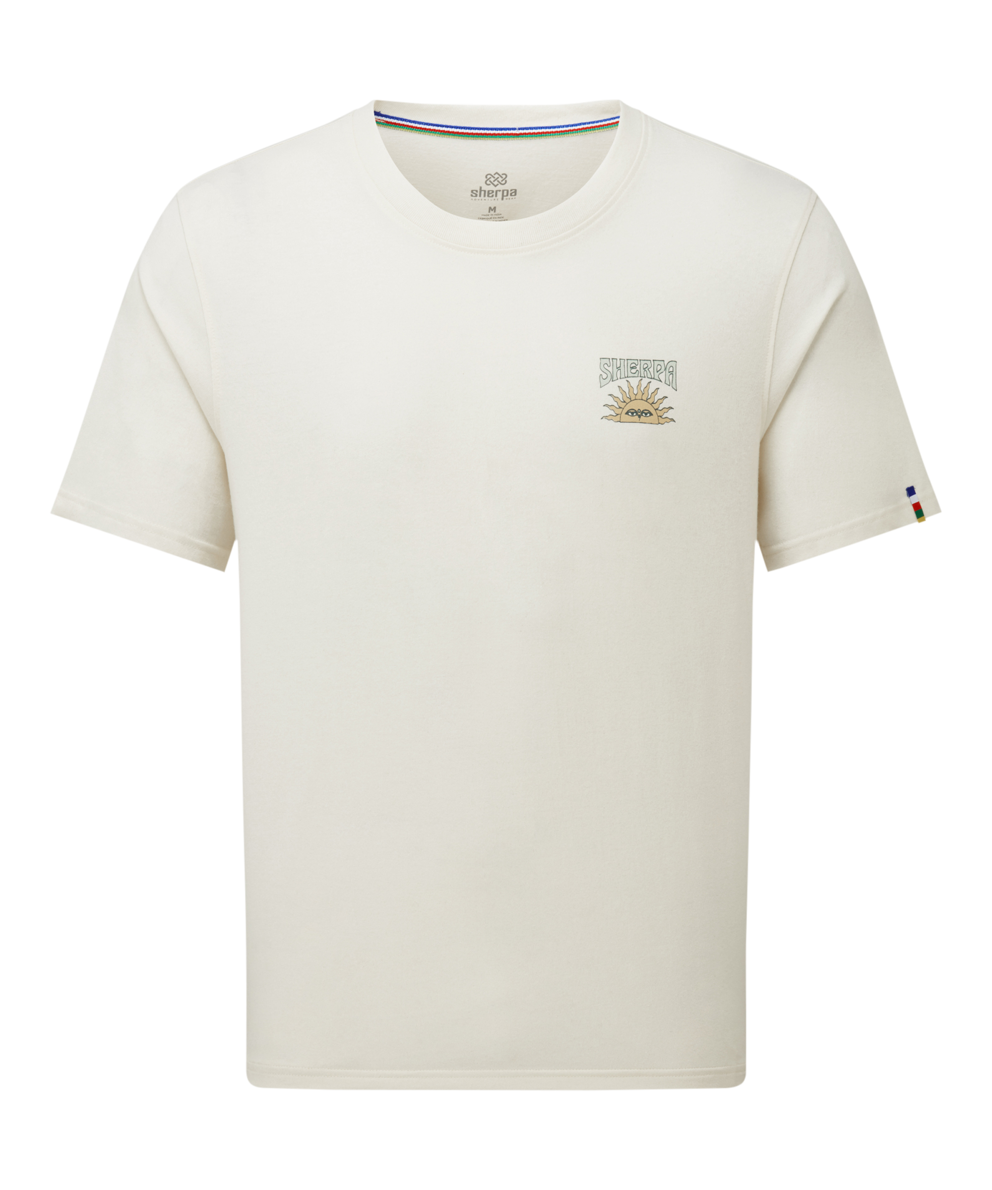 Men's white t-shirt with a small sun logo on the chest on a white background
