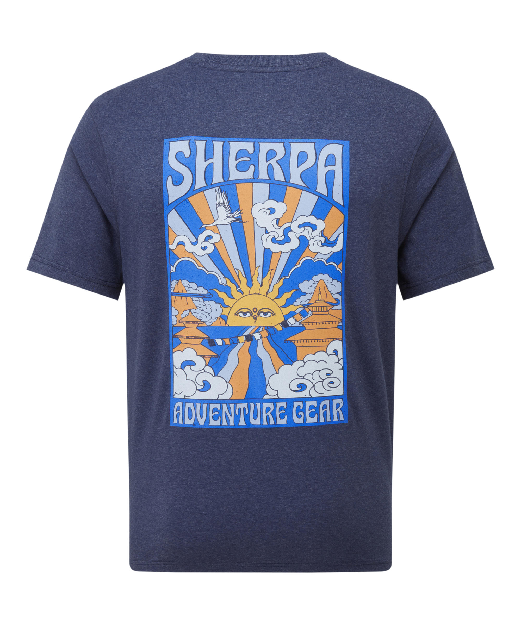 Back of a men's navy blue t-shirt with depicting a traditional Nepal sunset graphic on a white background