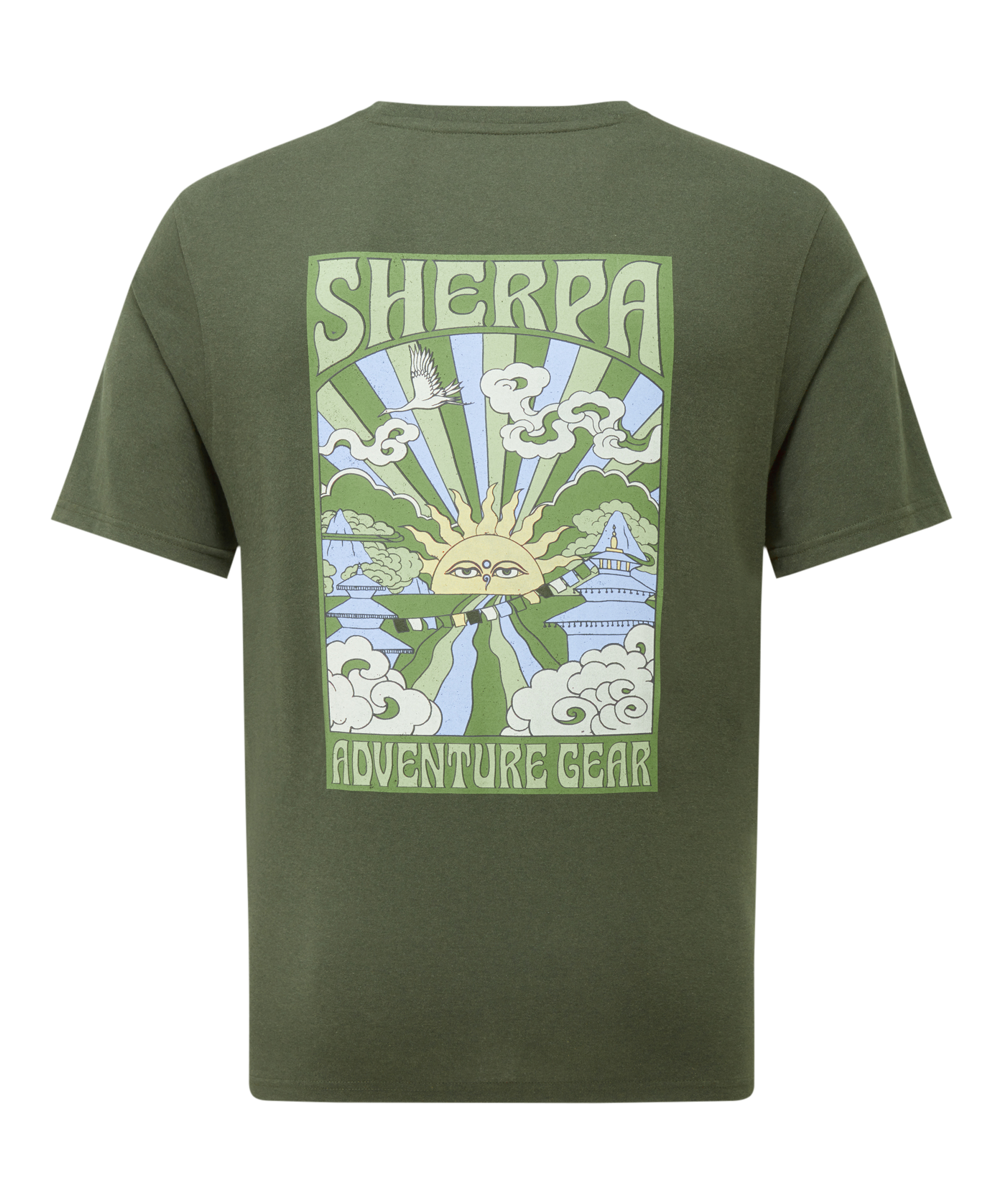 Back of a men's green t-shirt with Sherpa Adventure Gear sunset graphic on a white background
