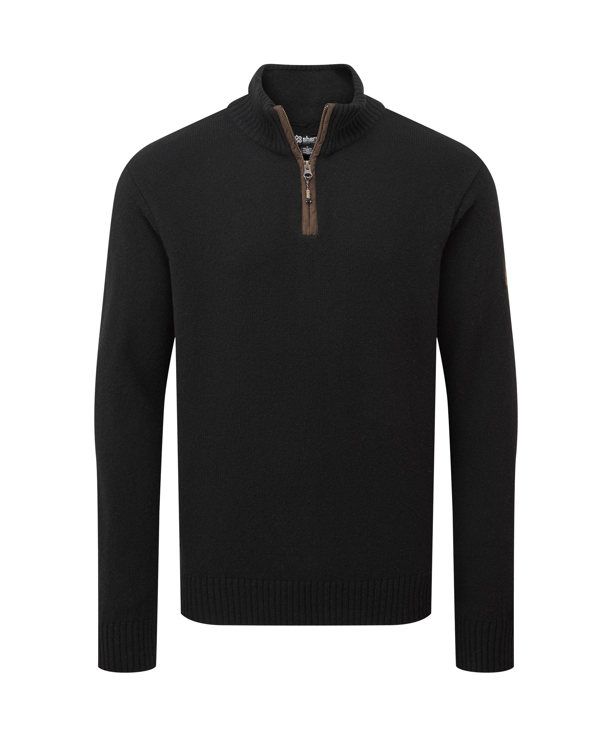Front view of a men's Sherpa Adventure Gear quarter-zip sweater in solid black. Features a stand collar with contrasting zipper trim, long sleeves, and a clean minimalist knit design.