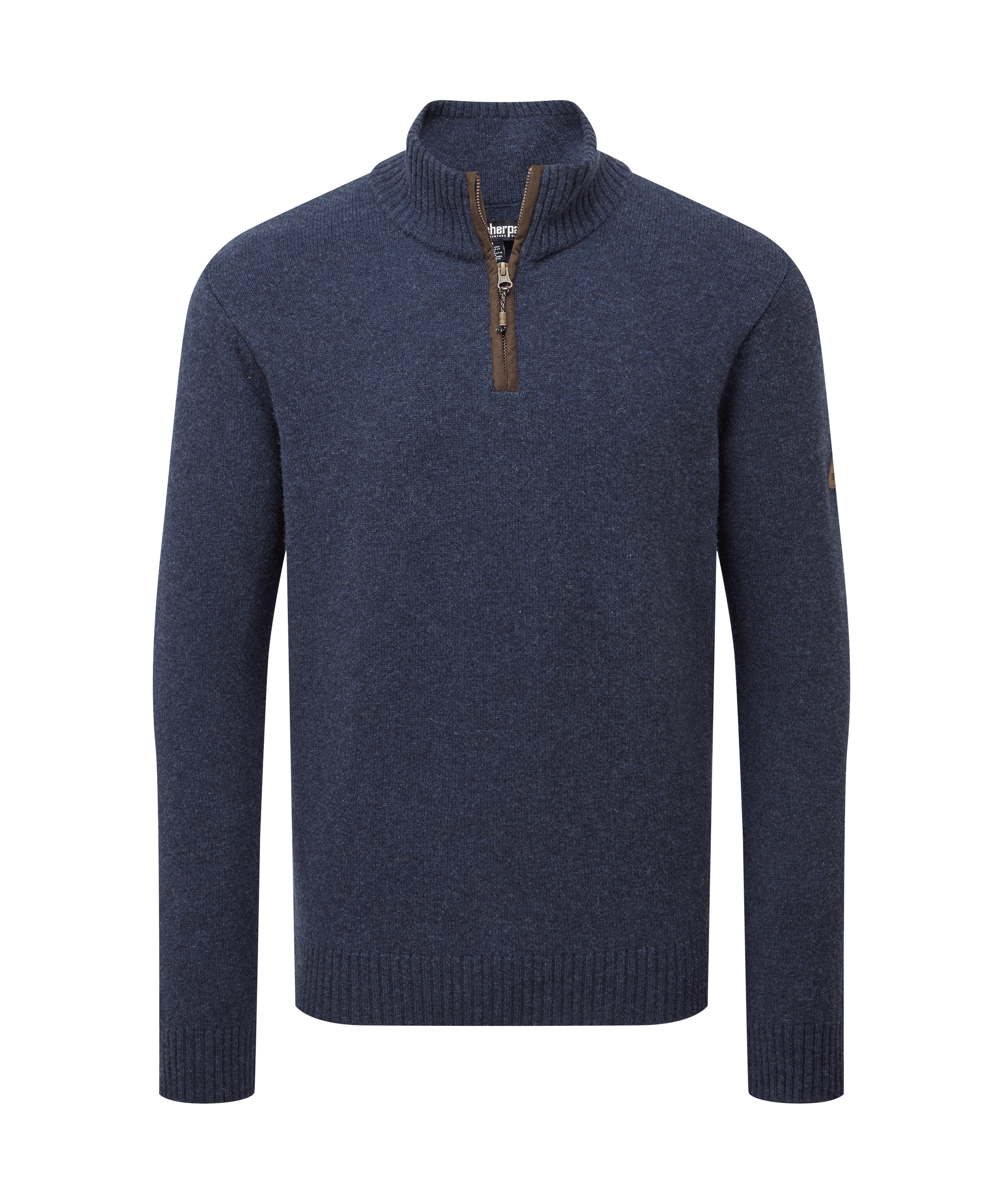 Front view of a men's Sherpa Adventure Gear quarter-zip sweater in heathered navy blue. Designed with a stand collar, contrast zipper detail, ribbed cuffs, and a refined casual silhouette.