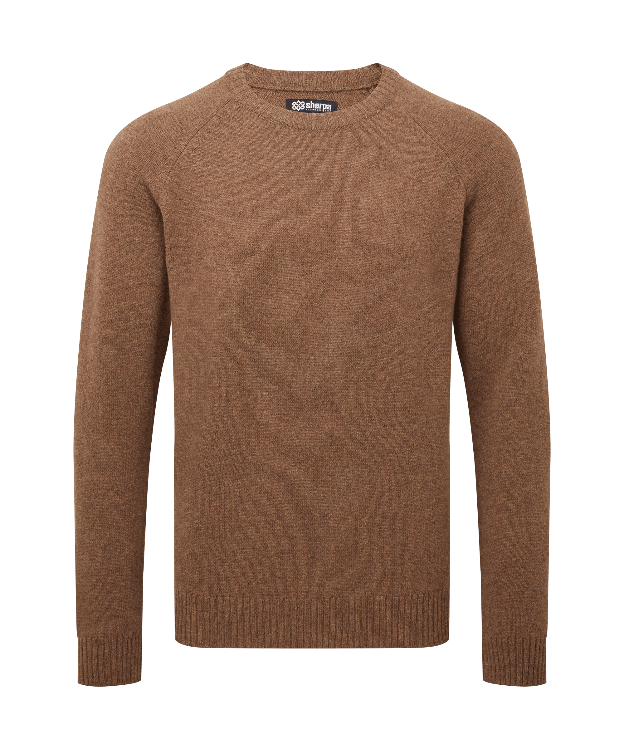 Front view of a men's Sherpa Adventure Gear crew-neck sweater in warm camel brown. Features a fine-gauge knit construction, long sleeves, ribbed trim, and a versatile classic fit.