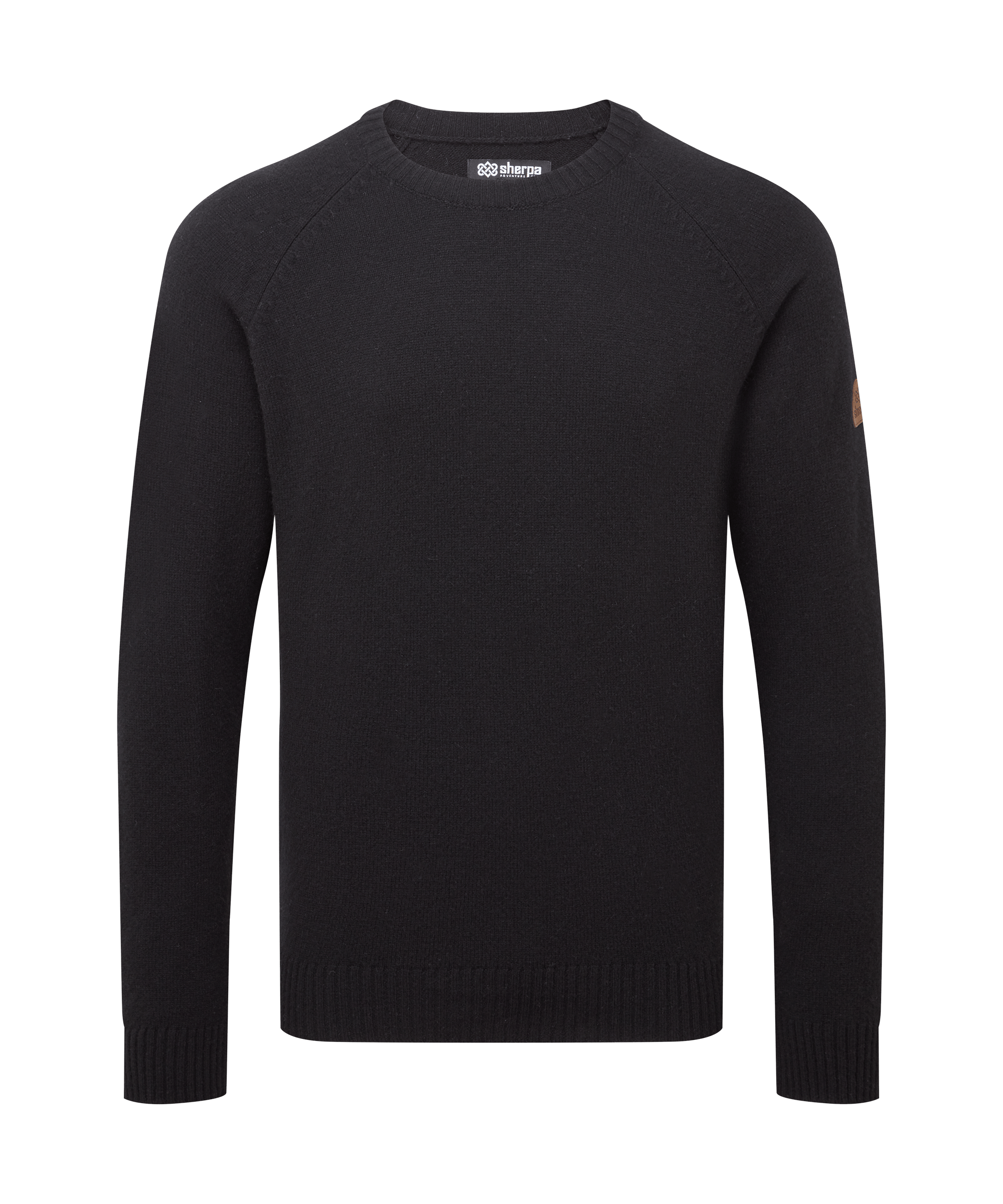 Front view of a men's Sherpa Adventure Gear black crew neck sweater displayed on a white background. Features a clean, minimalist design with long sleeves, rib-knit collar, cuffs, and hem, and a regular fit suitable for everyday wear.