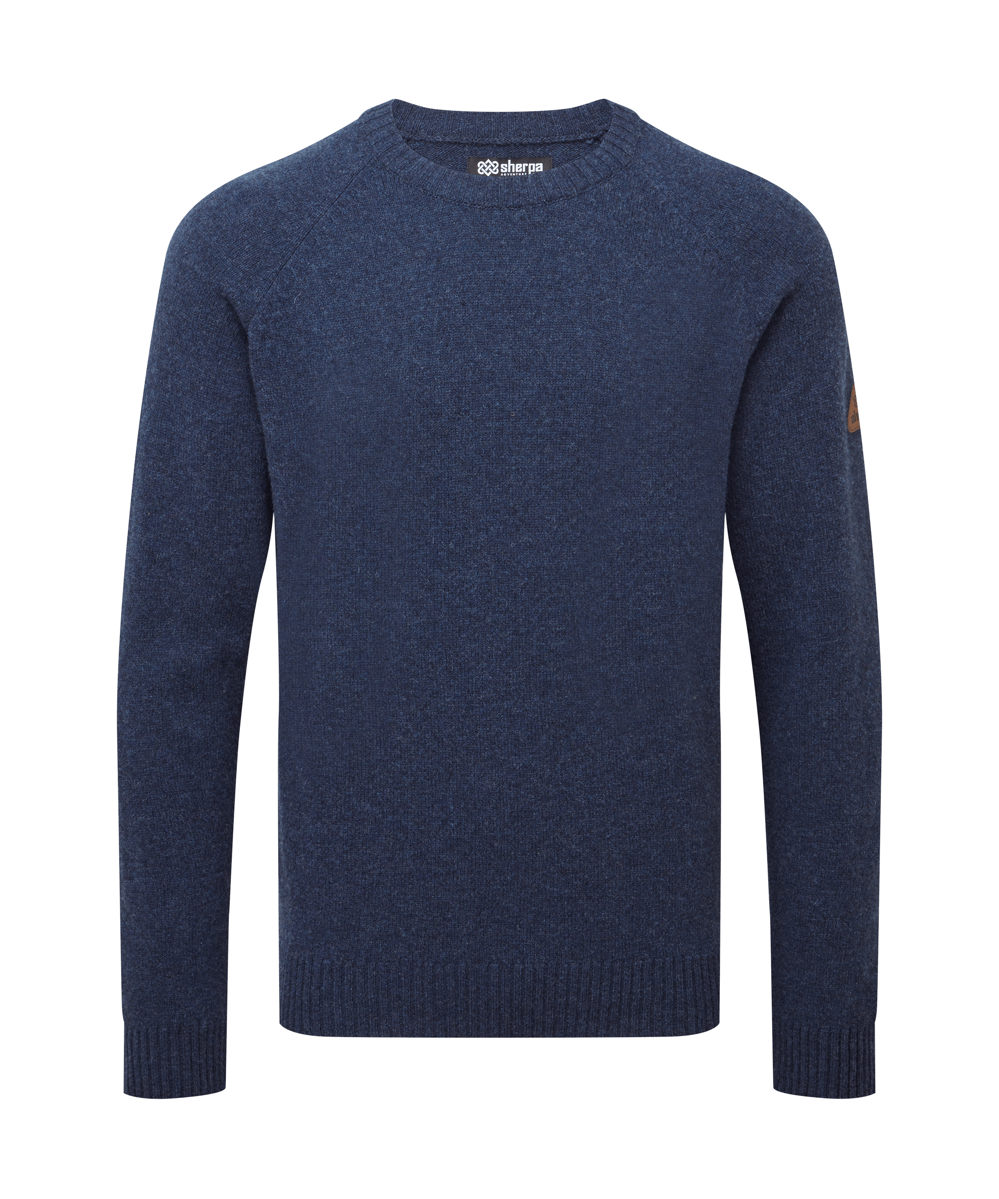 Front view of a men's Sherpa Adventure Gear heather blue crew neck sweater displayed on a white background. Designed with long sleeves, rib-knit trim, and a classic silhouette for versatile casual styling.