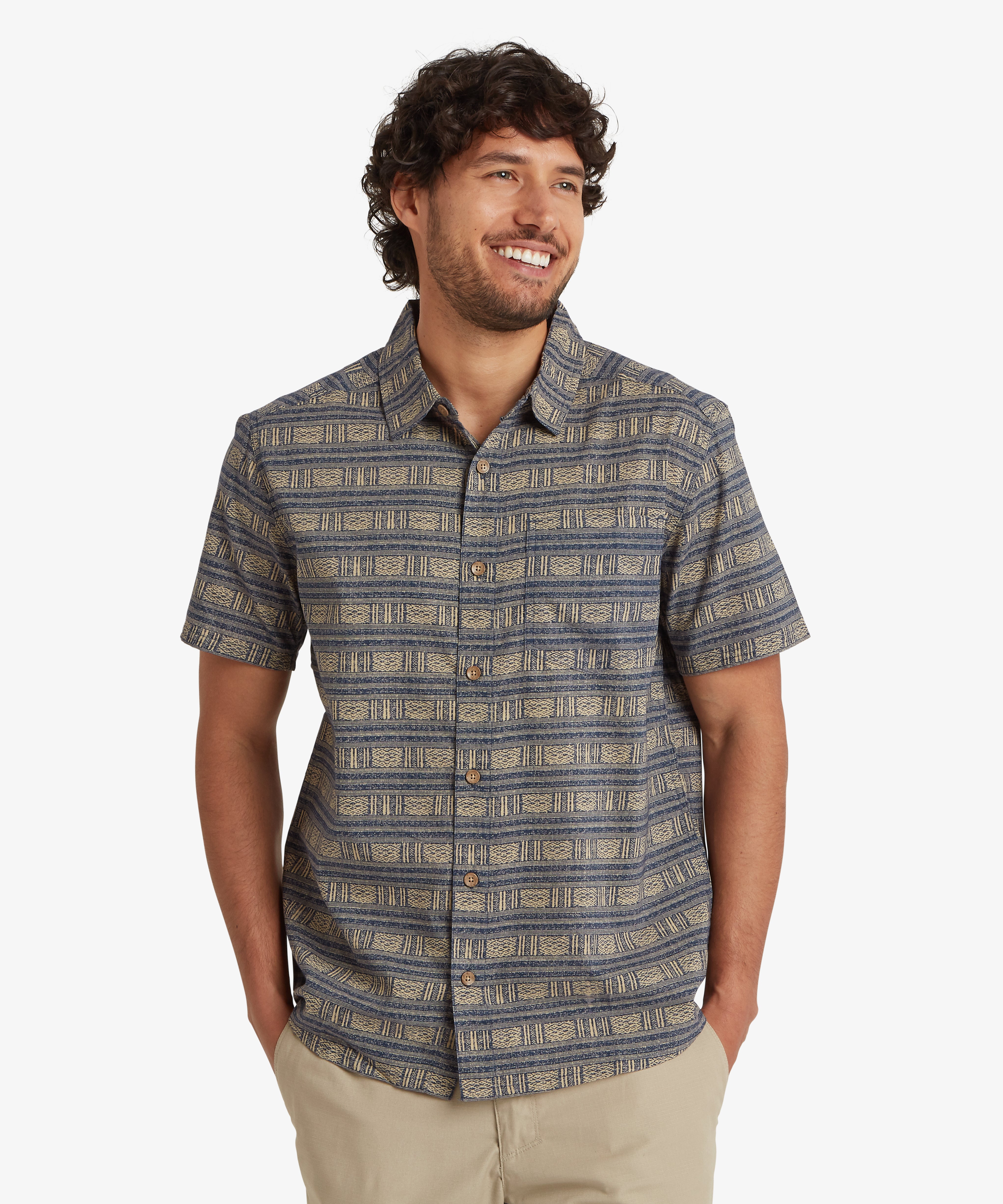 Khumbu Weave Short Sleeve Rathee Blue shirt with blue, gray, beige stripes