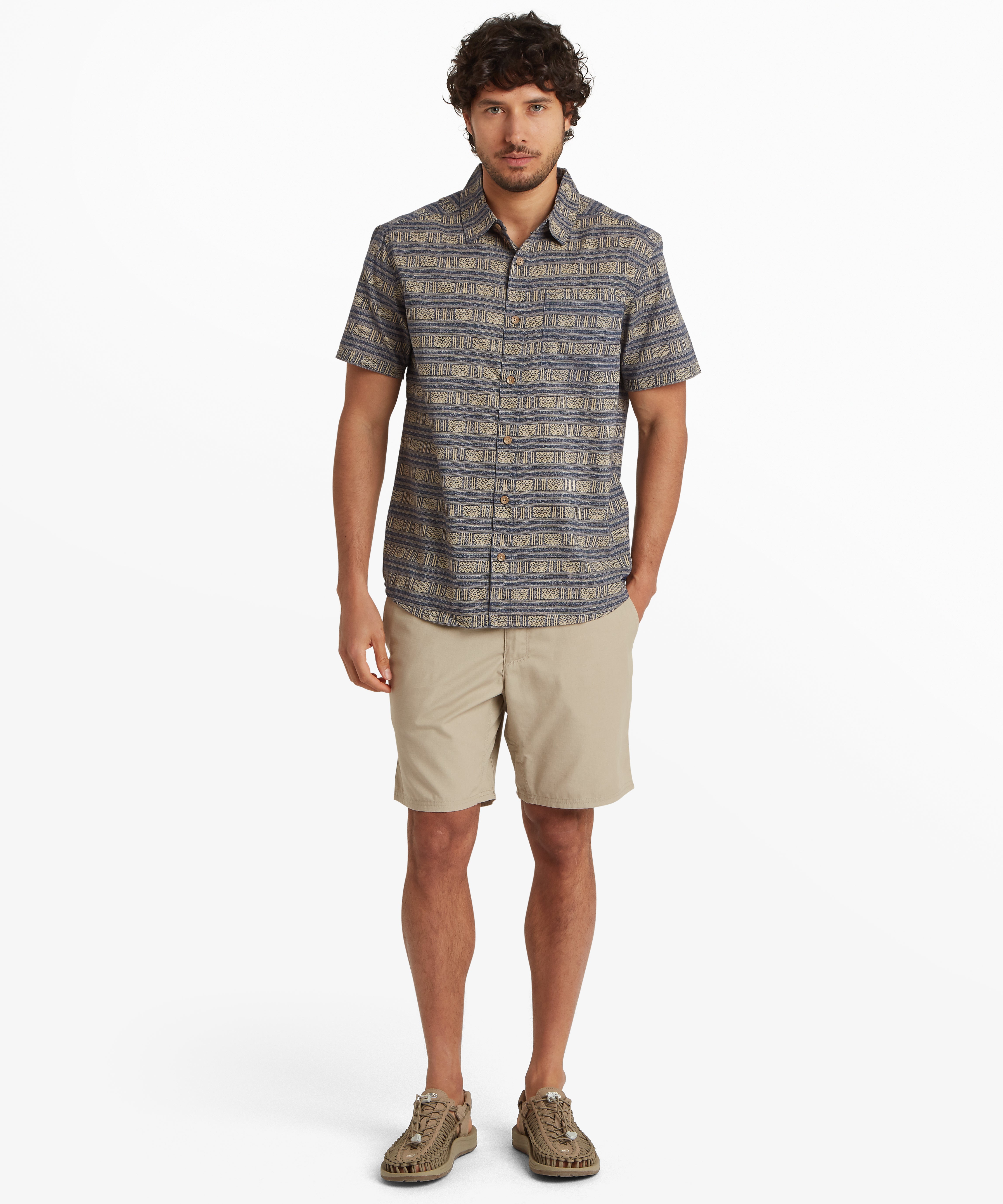 Khumbu Weave short sleeve Rathee Blue shirt with gray, blue, beige stripes