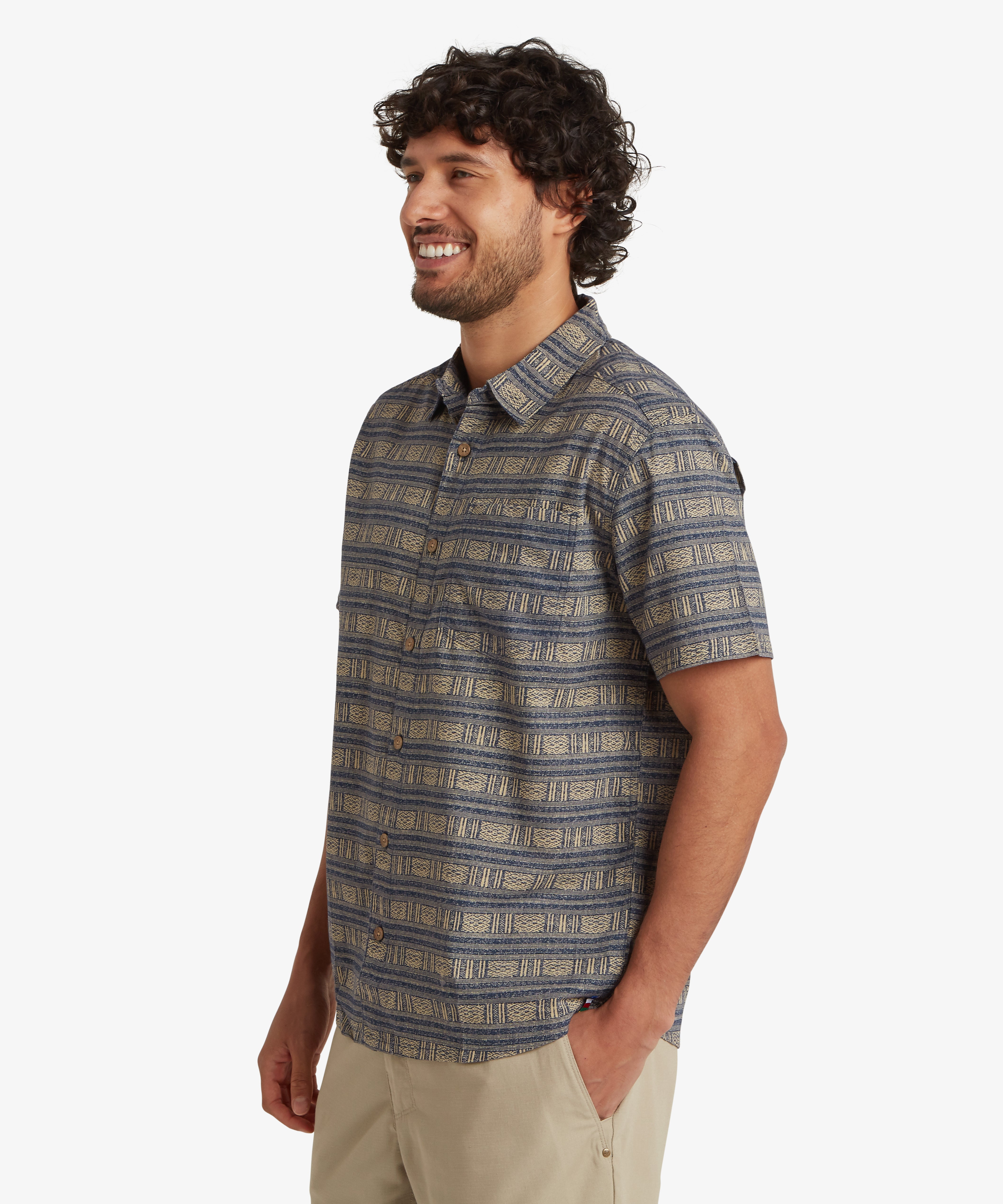 Khumbu Weave Short Sleeve Shirt - Rathee Blue geometric pattern