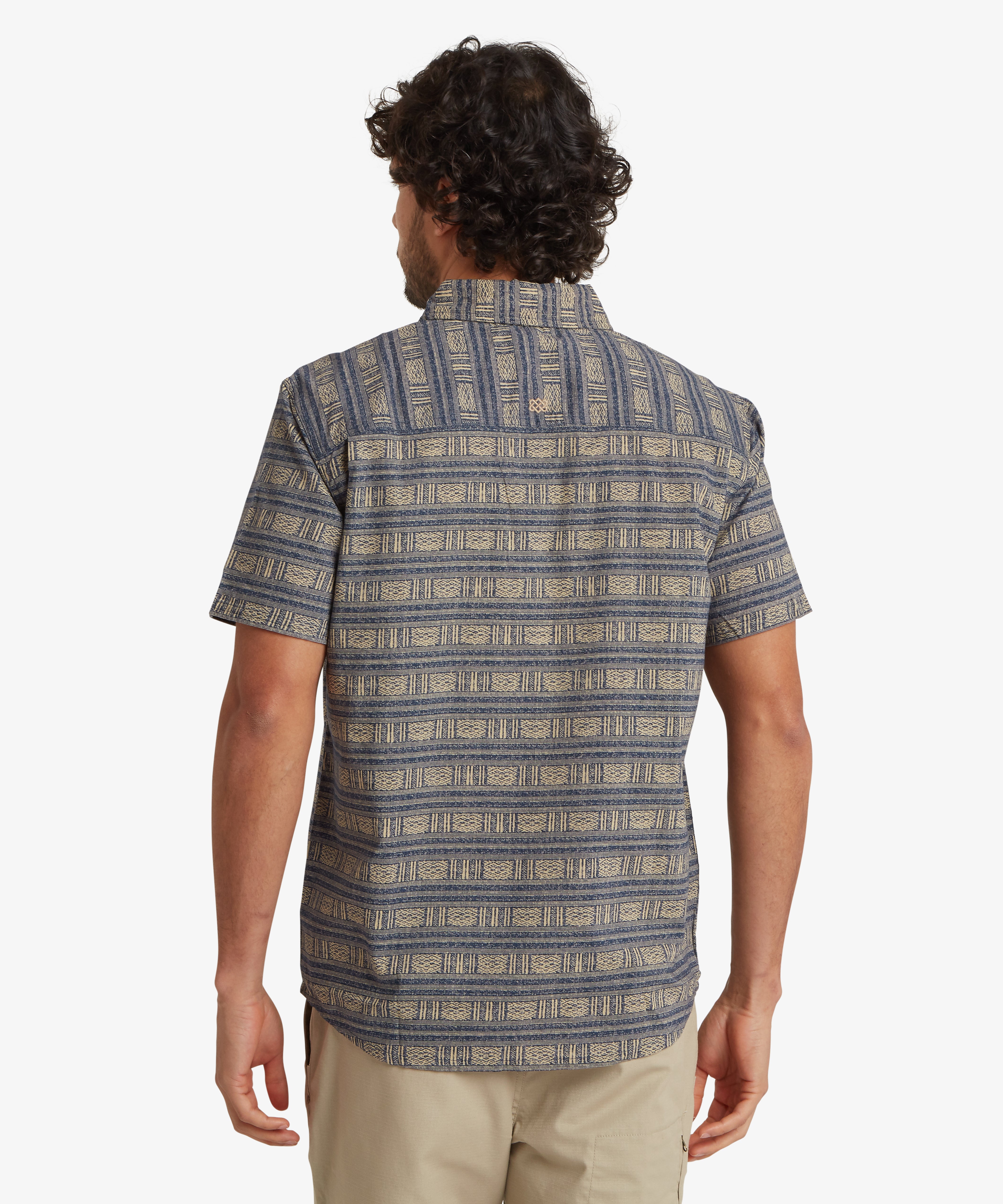 Khumbu Weave Short Sleeve Shirt in Rathee Blue textured navy-beige stripes